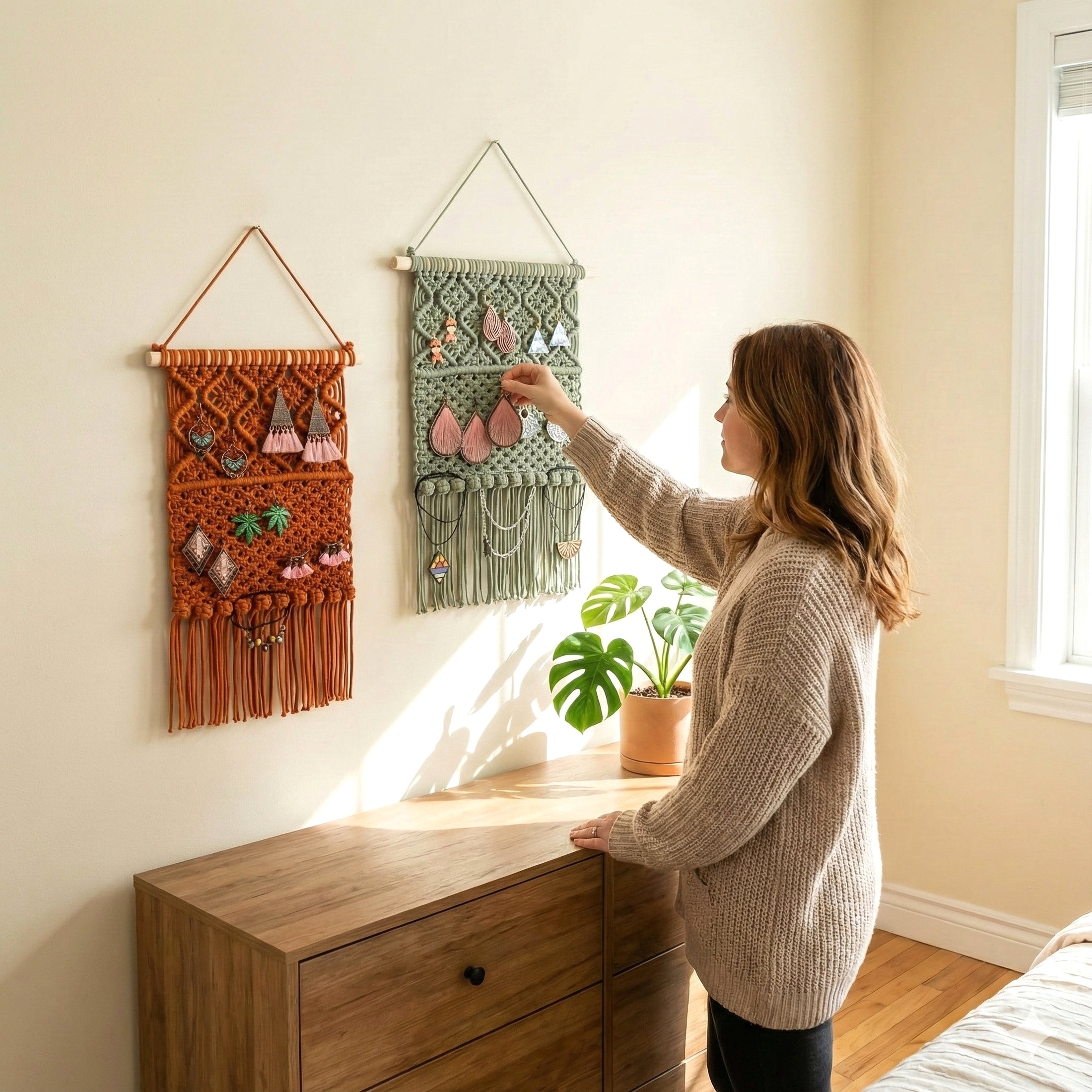 Boho Macrame Earring Holder – Handmade Jewelry Display Organizer I35