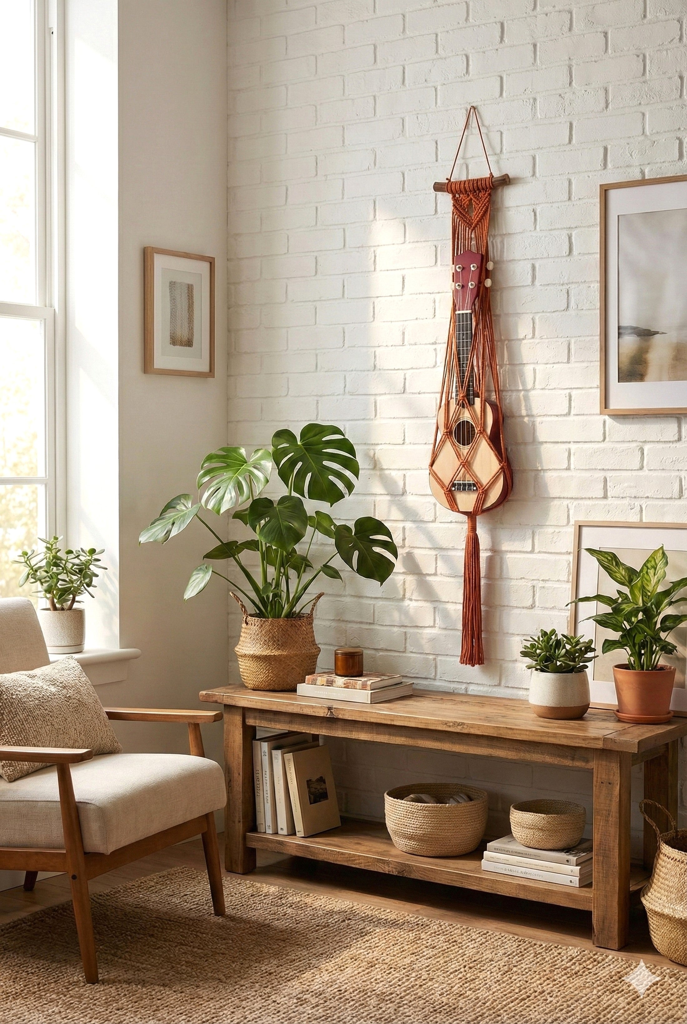 Macrame Ukulele Hanger – Ukulele Wall Mount for Boho Room Decor H77