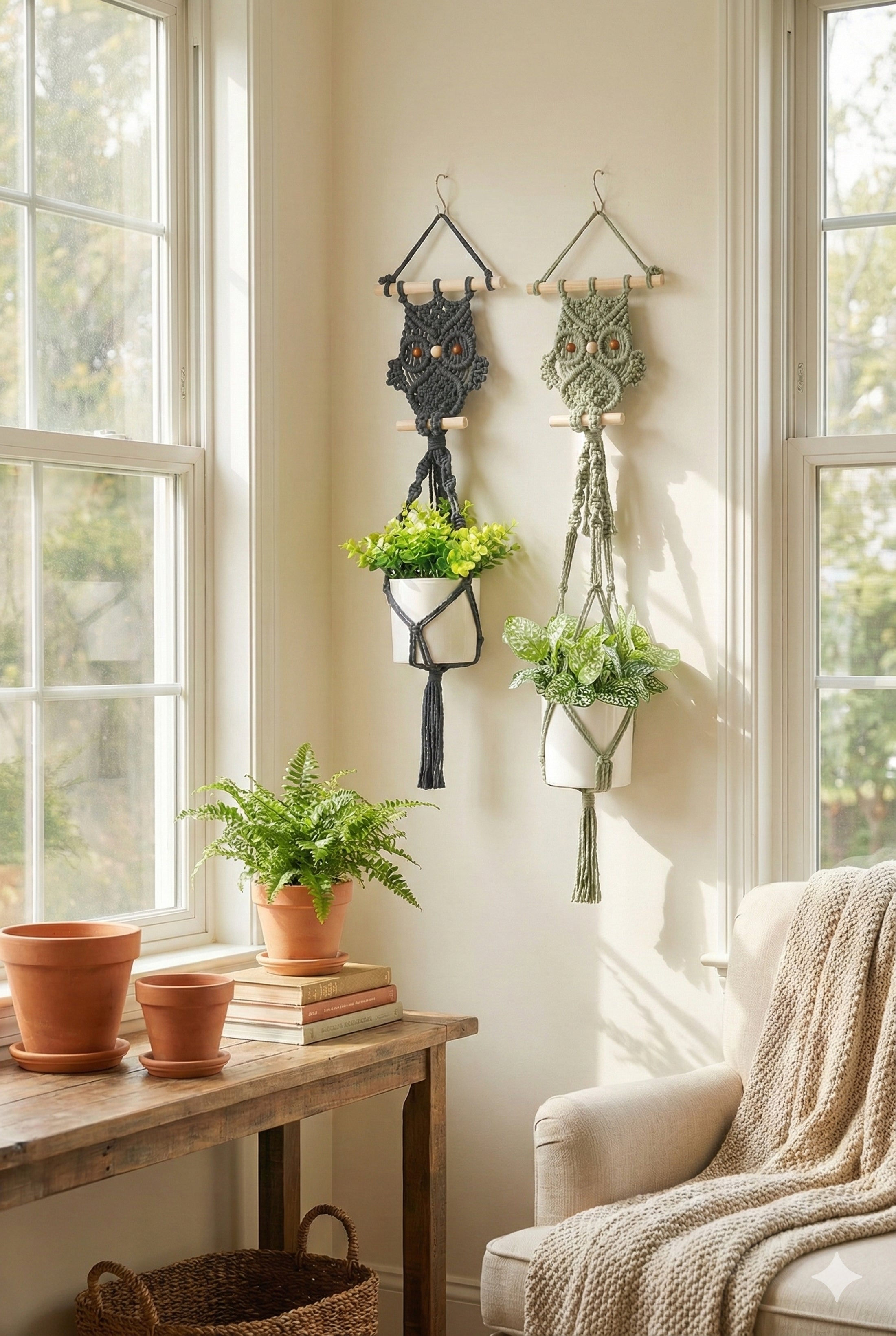 Macrame Owl Plant Hanger for Boho Wall Planter Decor H85