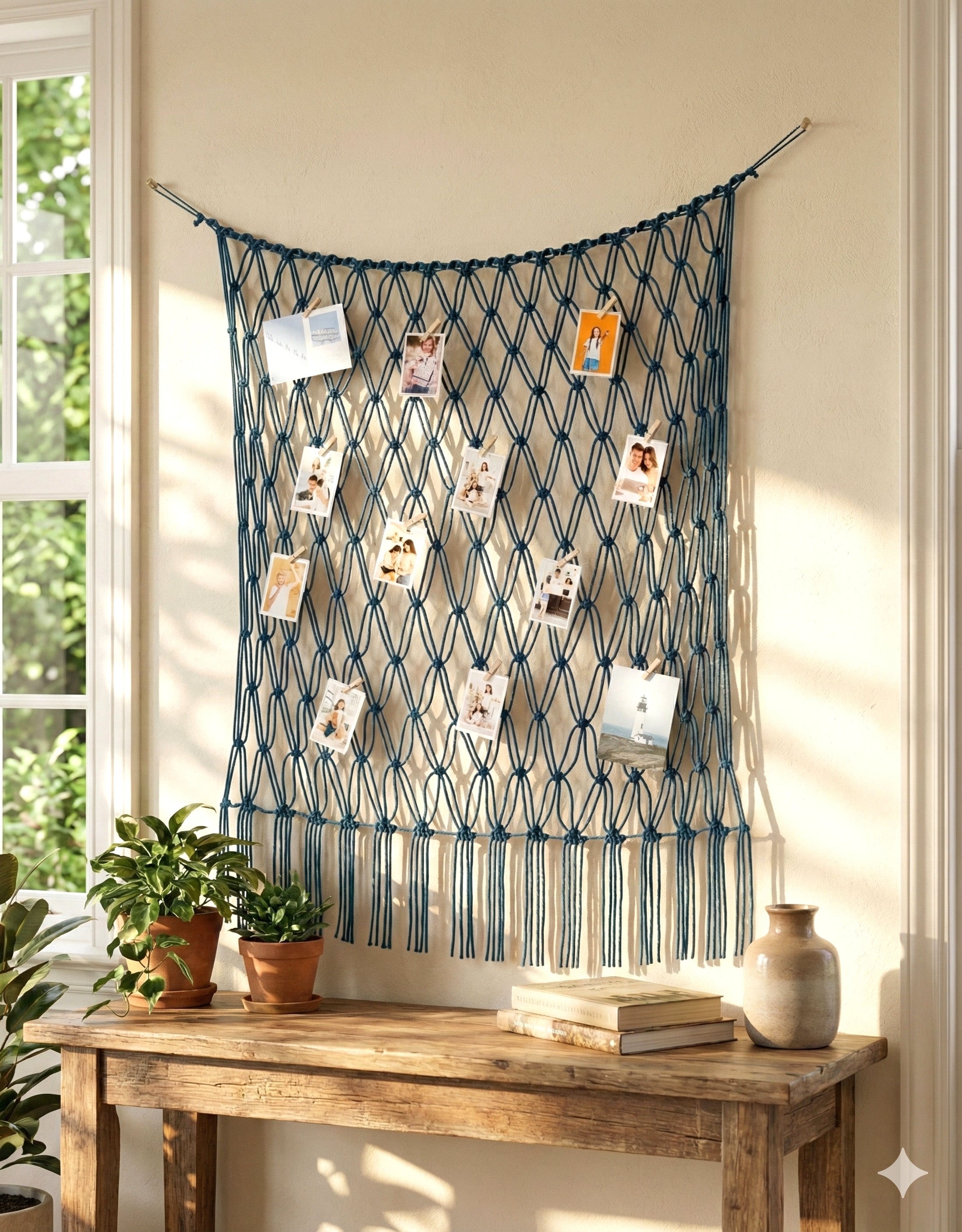 Macrame Photo Grid – Boho Hanging Net for Wall Display I19
