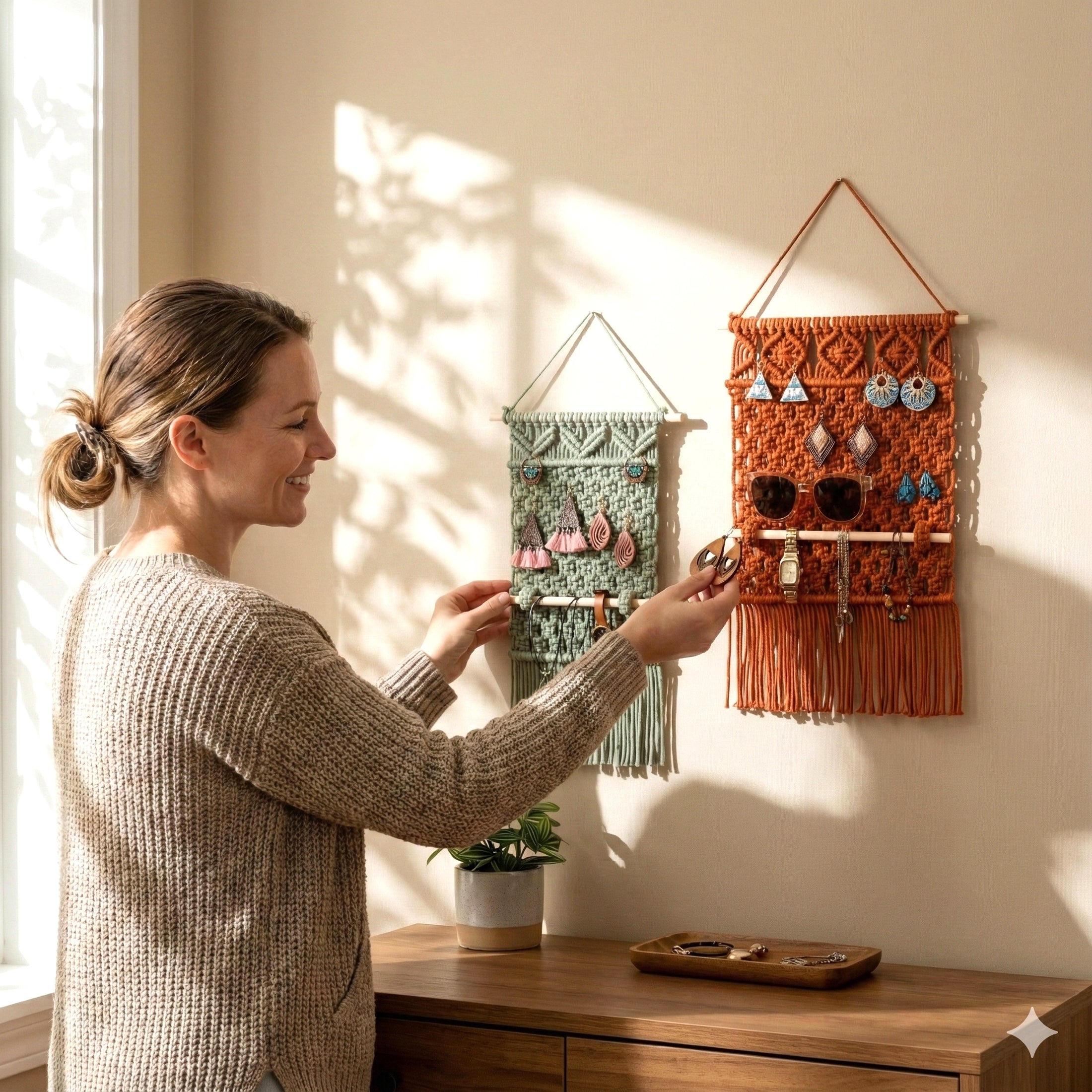Macrame Earring Holder – Boho Wall Hanging Jewelry Organizer I82