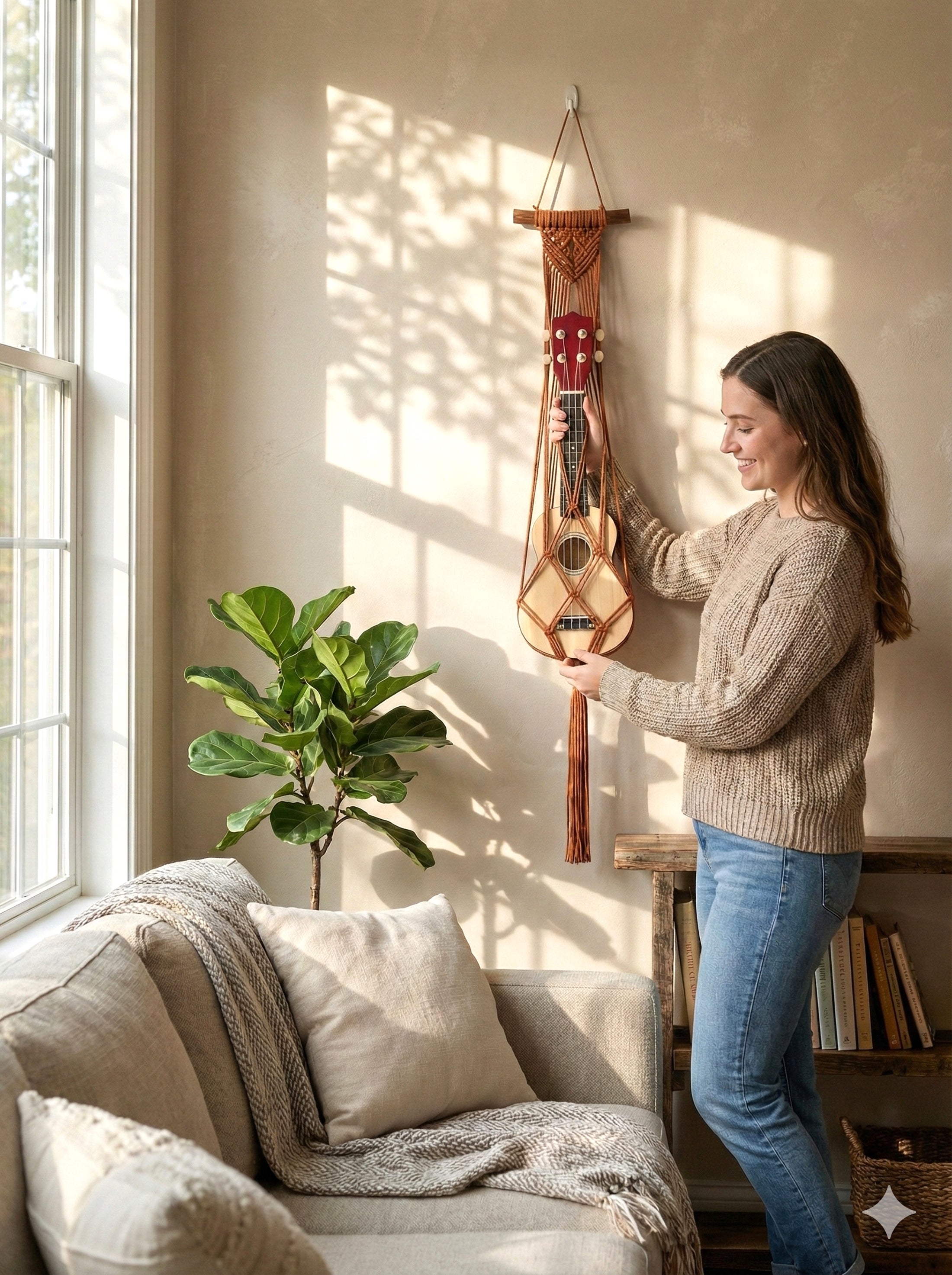 Macrame Ukulele Hanger – Ukulele Wall Mount for Boho Room Decor H77