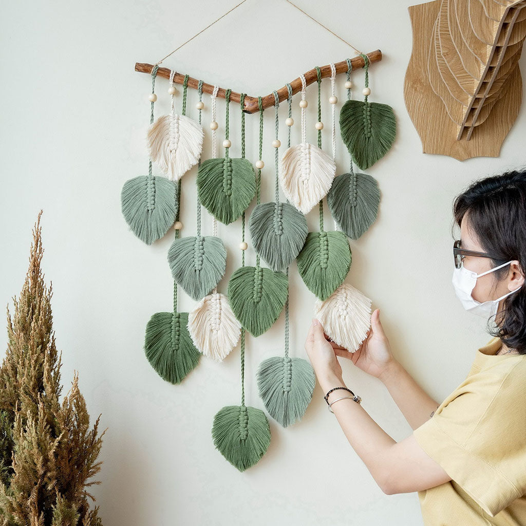 Green Leaves Macrame Wall Hanging For Farmhouse Home Decor