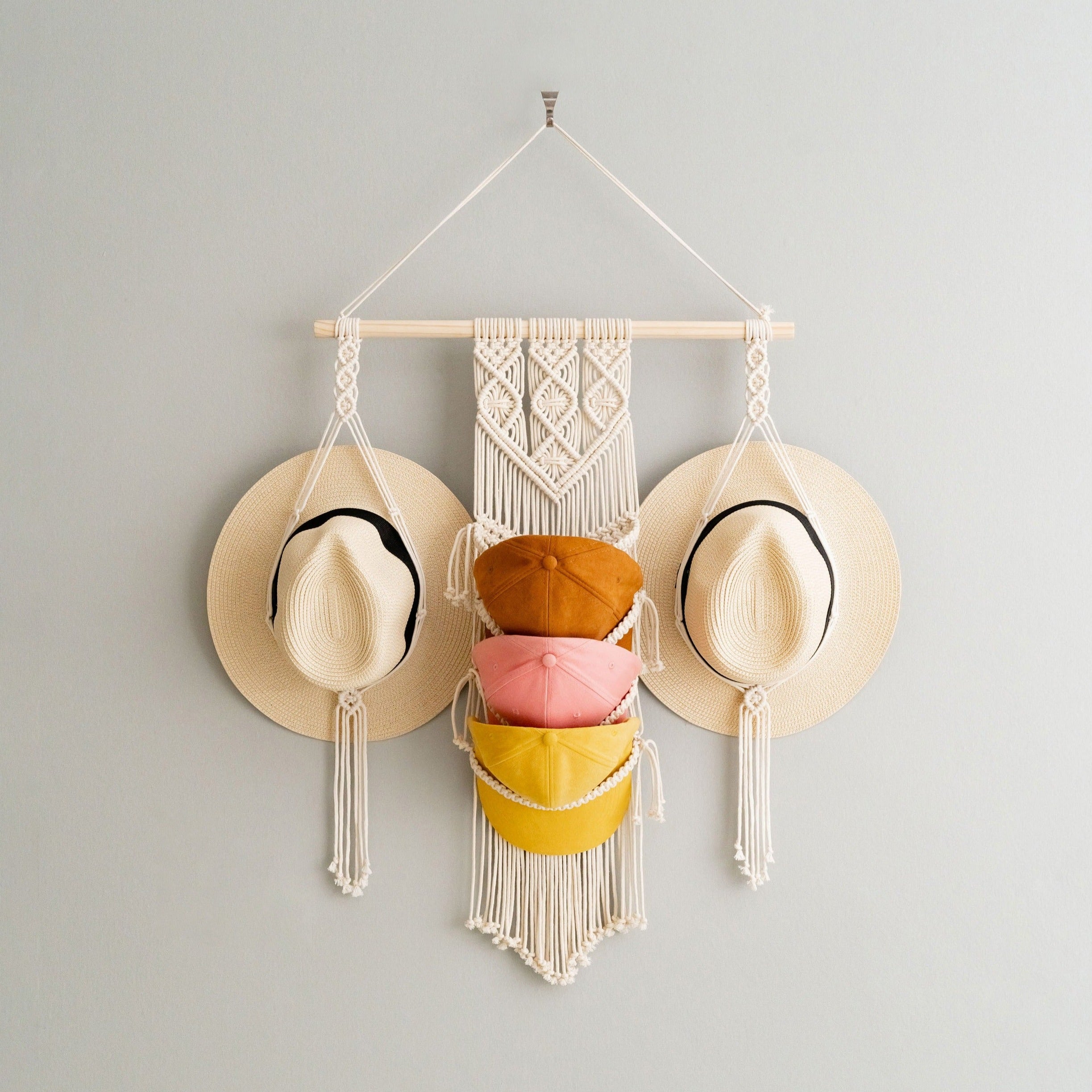 Boho-Chic Macrame Hat Holder for Summer Hat Organization