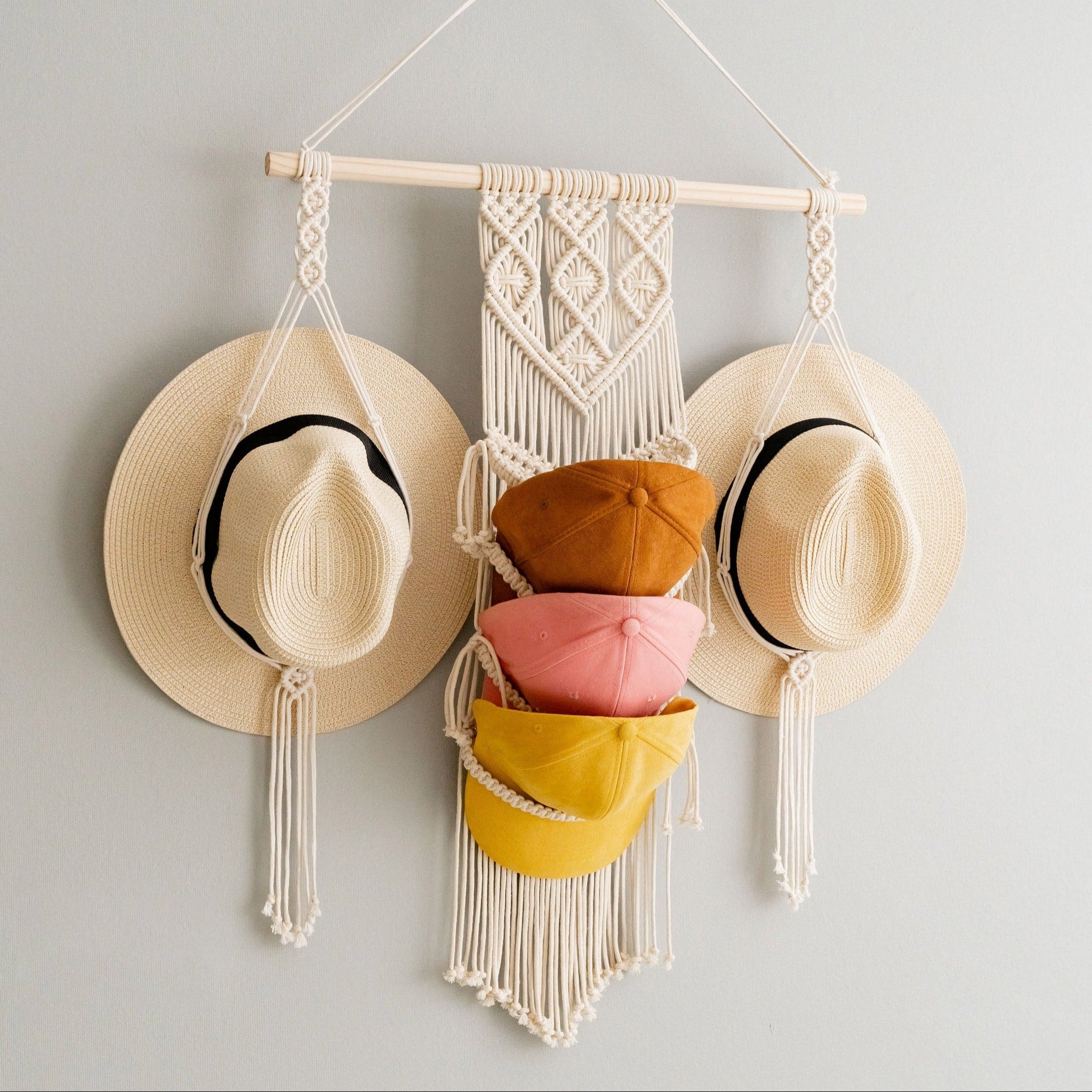 Macrame Hat and Cap Holder – Boho Wall Organizer Display I53