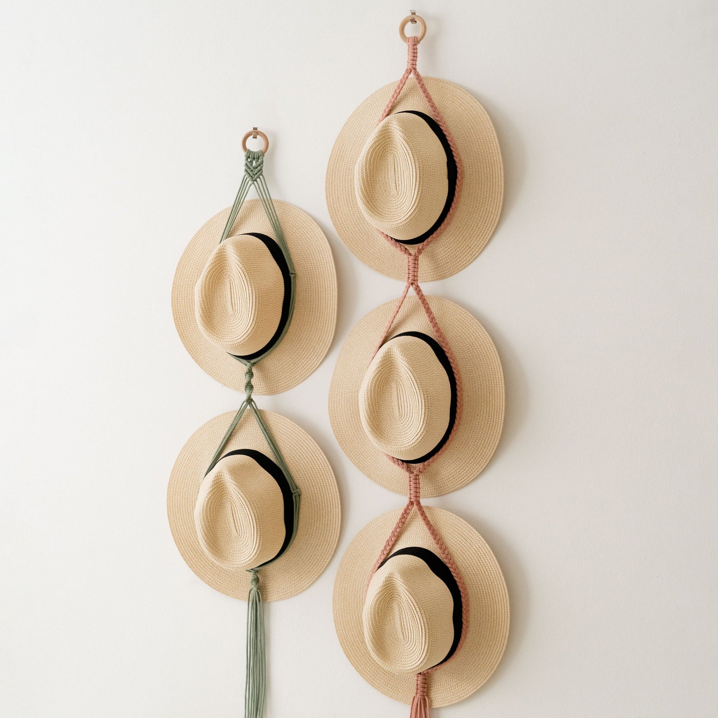 Macrame Hat Hanger with Wooden Ring for Wall Hat Storage I50