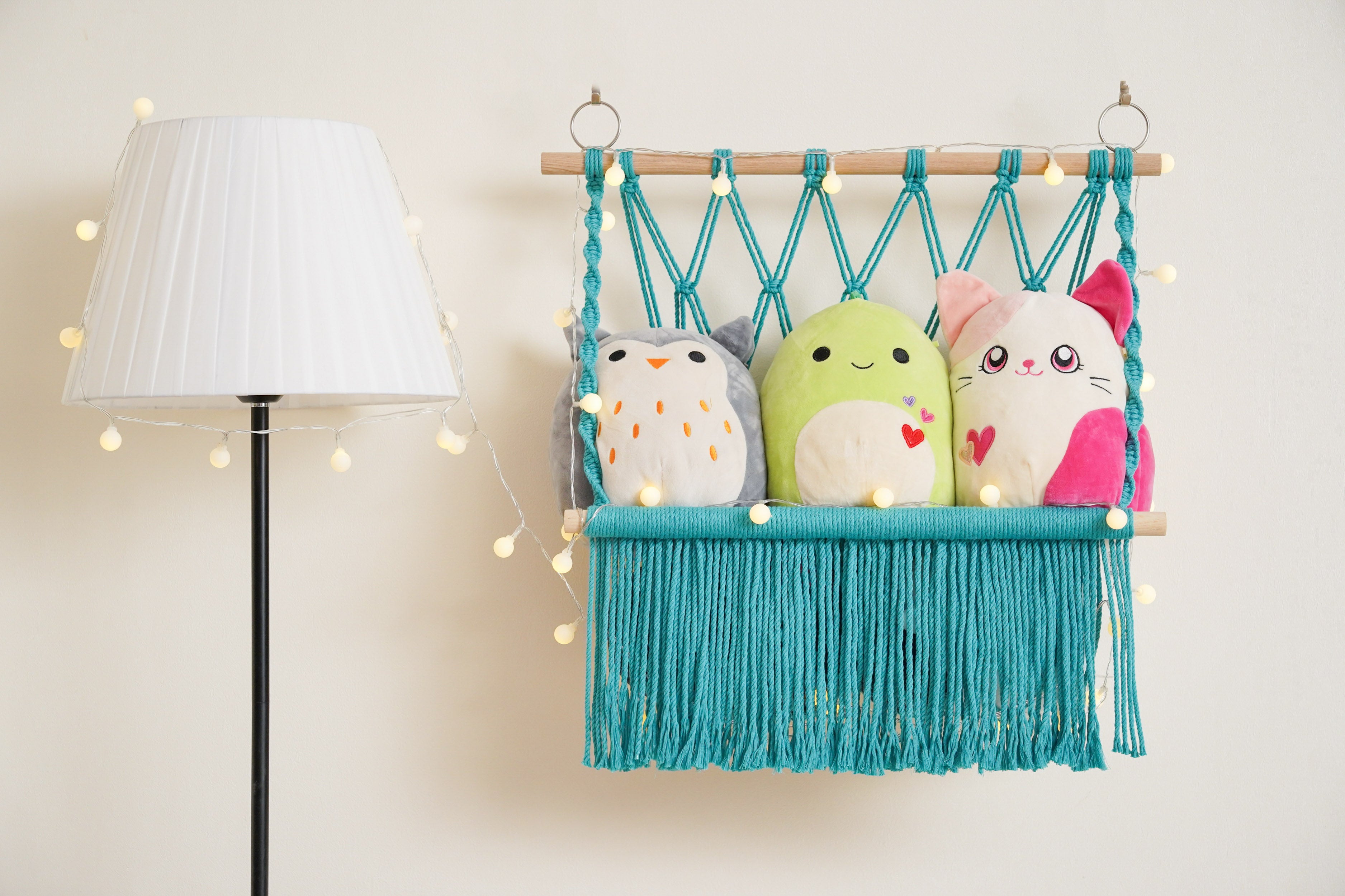 Macrame Toy Storage Hammock for Stuffed Animal Wall Storage H24