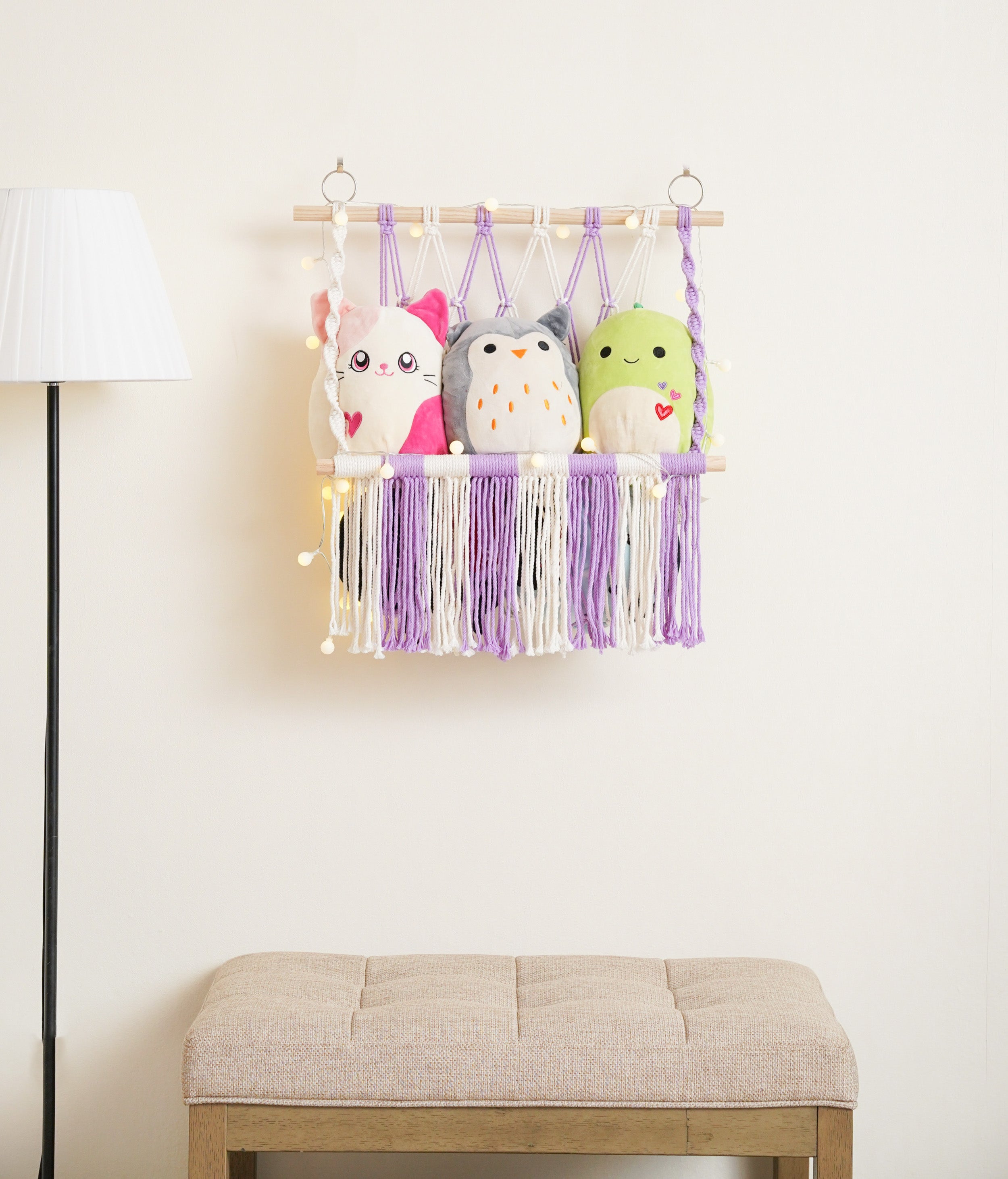 Macrame Toy Storage Hammock for Plush Toy Organizer and Nursery Wall Storage H24