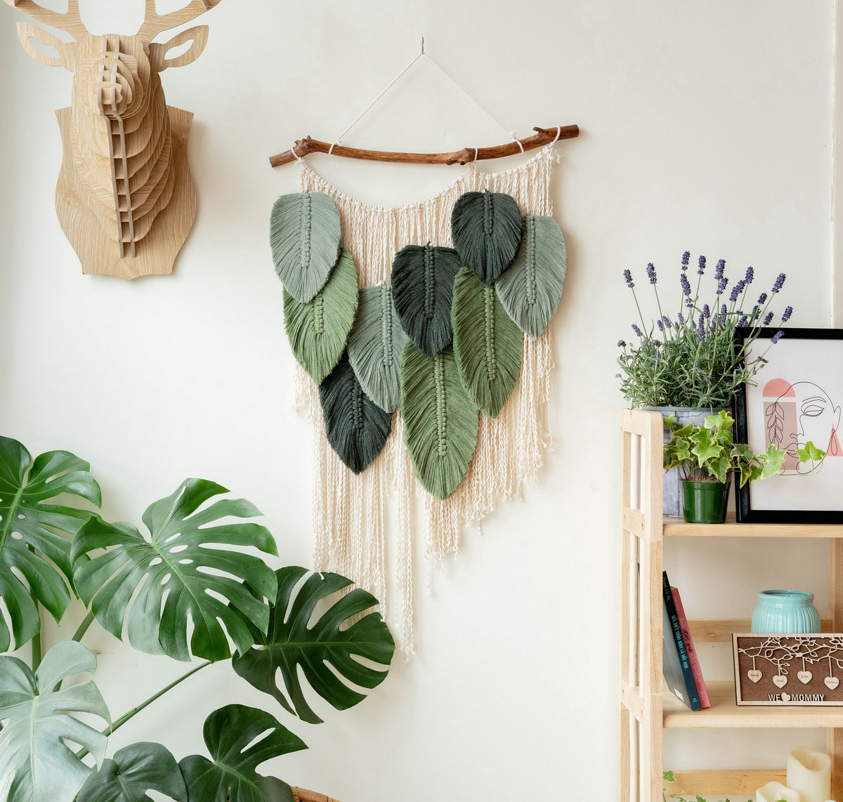 Macrame Leaf Wall Hanging with Macrame and Driftwood for Boho Wall Decor L01