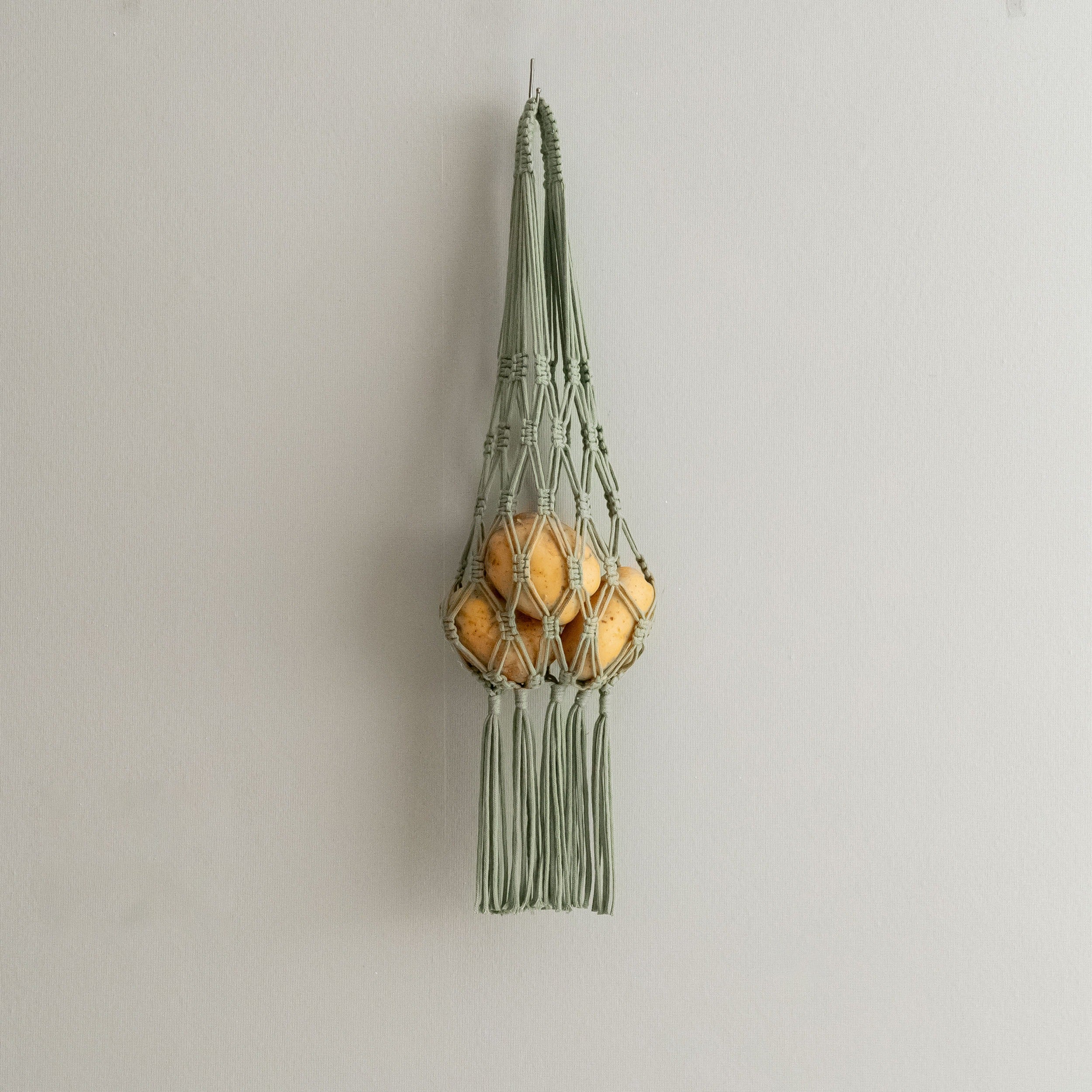 Cesta colgante de macramé para frutas, solución de almacenamiento de pared estilo bohemio