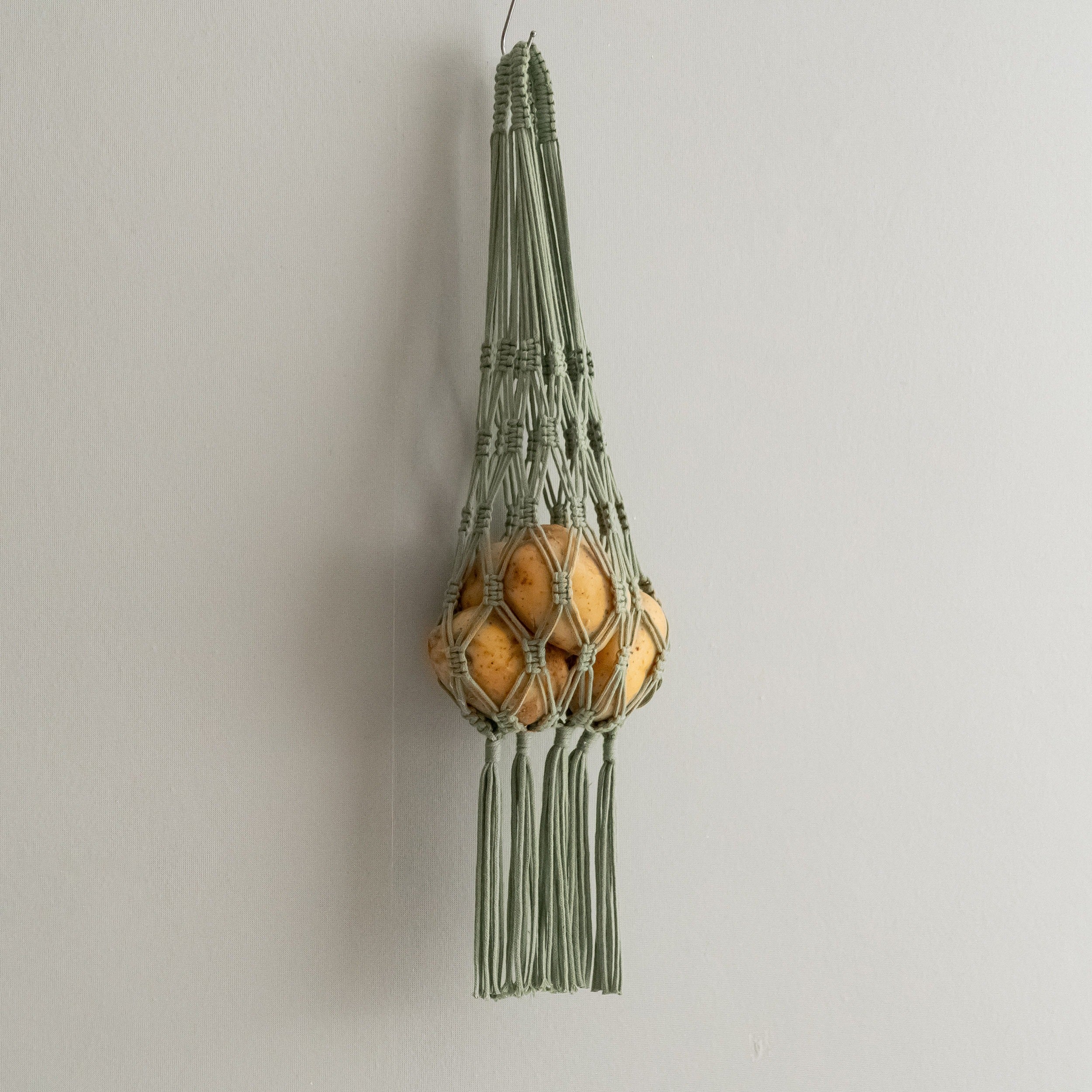 Cesta colgante de macramé para frutas, solución de almacenamiento de pared estilo bohemio