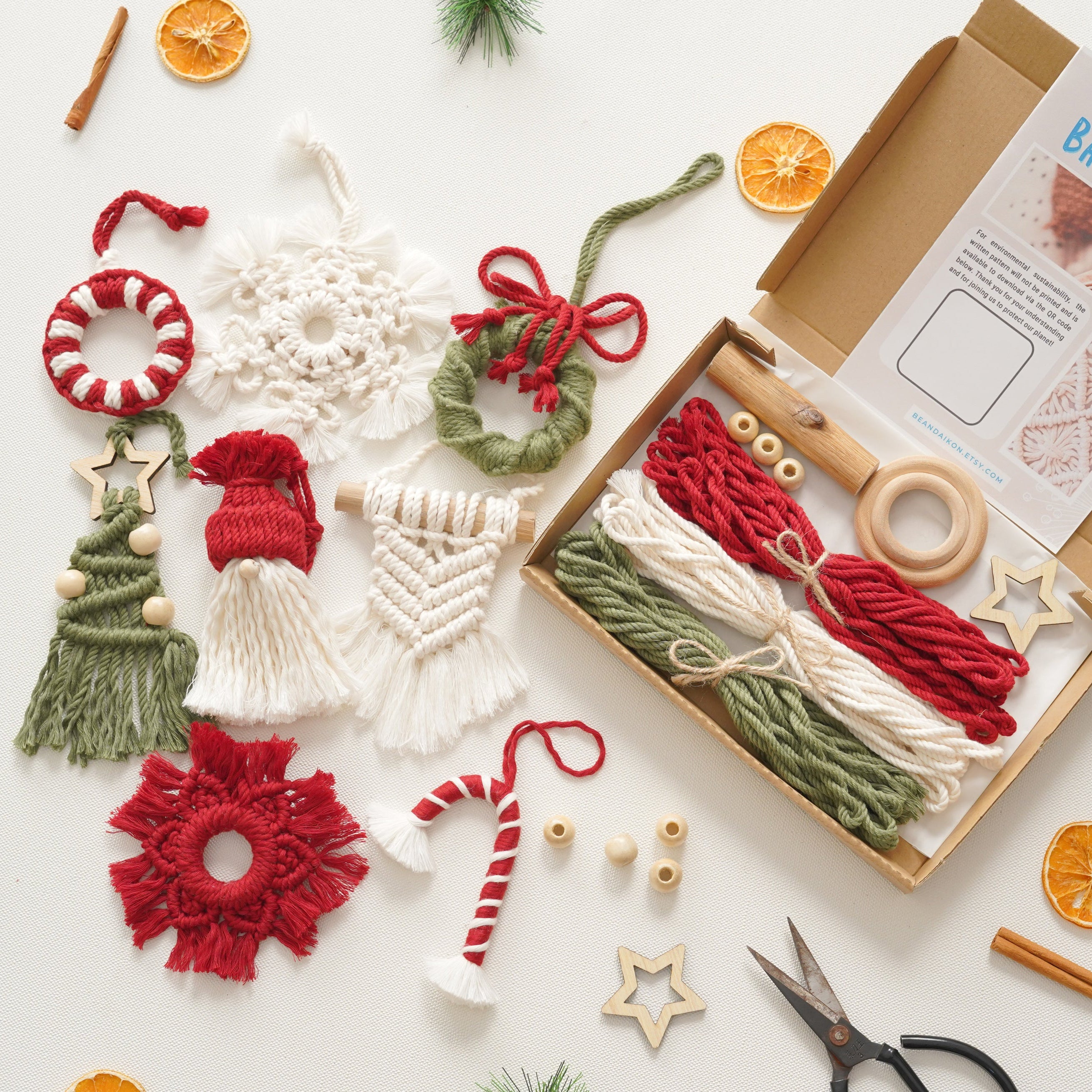Christmas Craft Kit – Macrame Ornaments DIY Kit with Cotton Cord K26