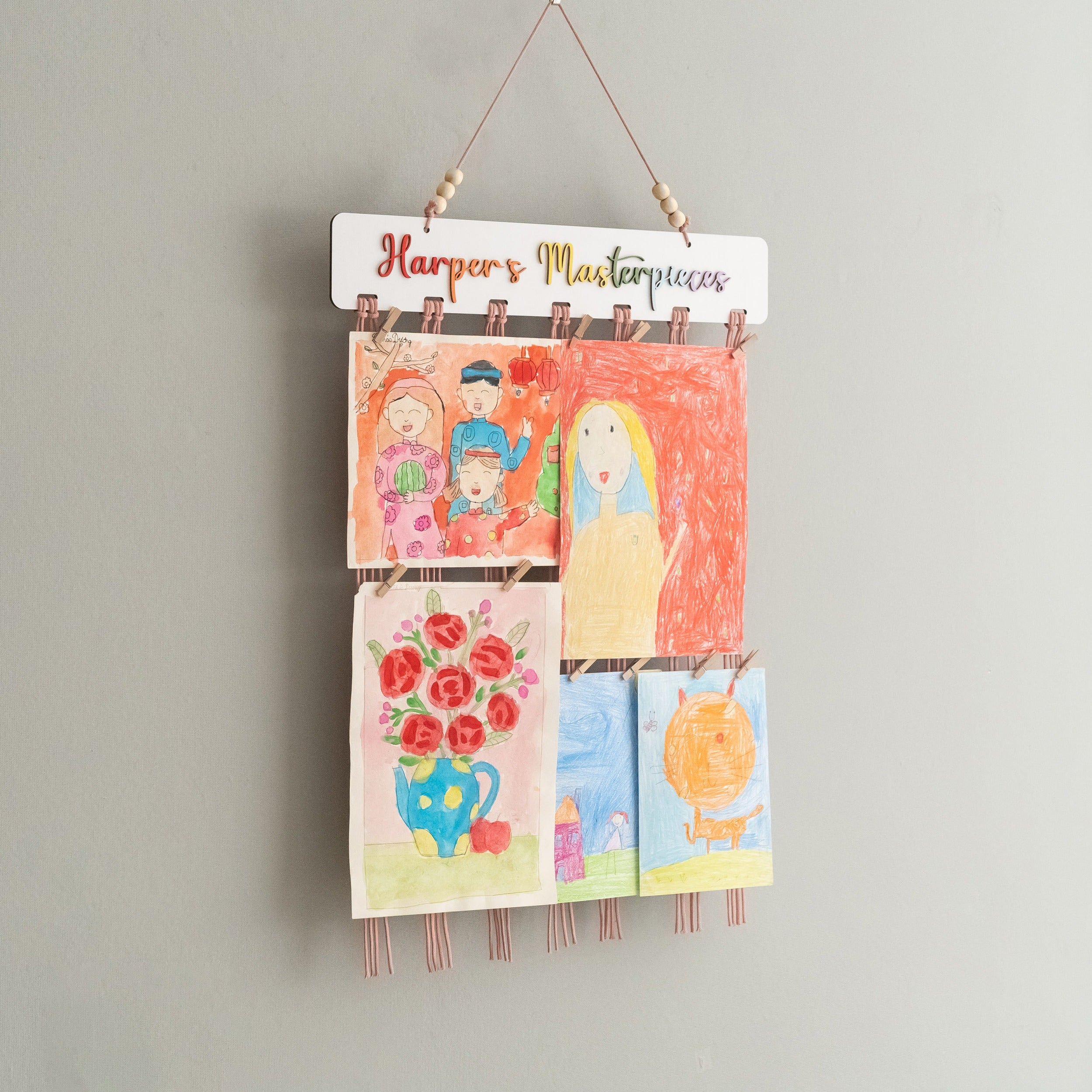 Macrame Kids Art Hanger Wood for Children Artwork Display and Boho Wall Hanging I28