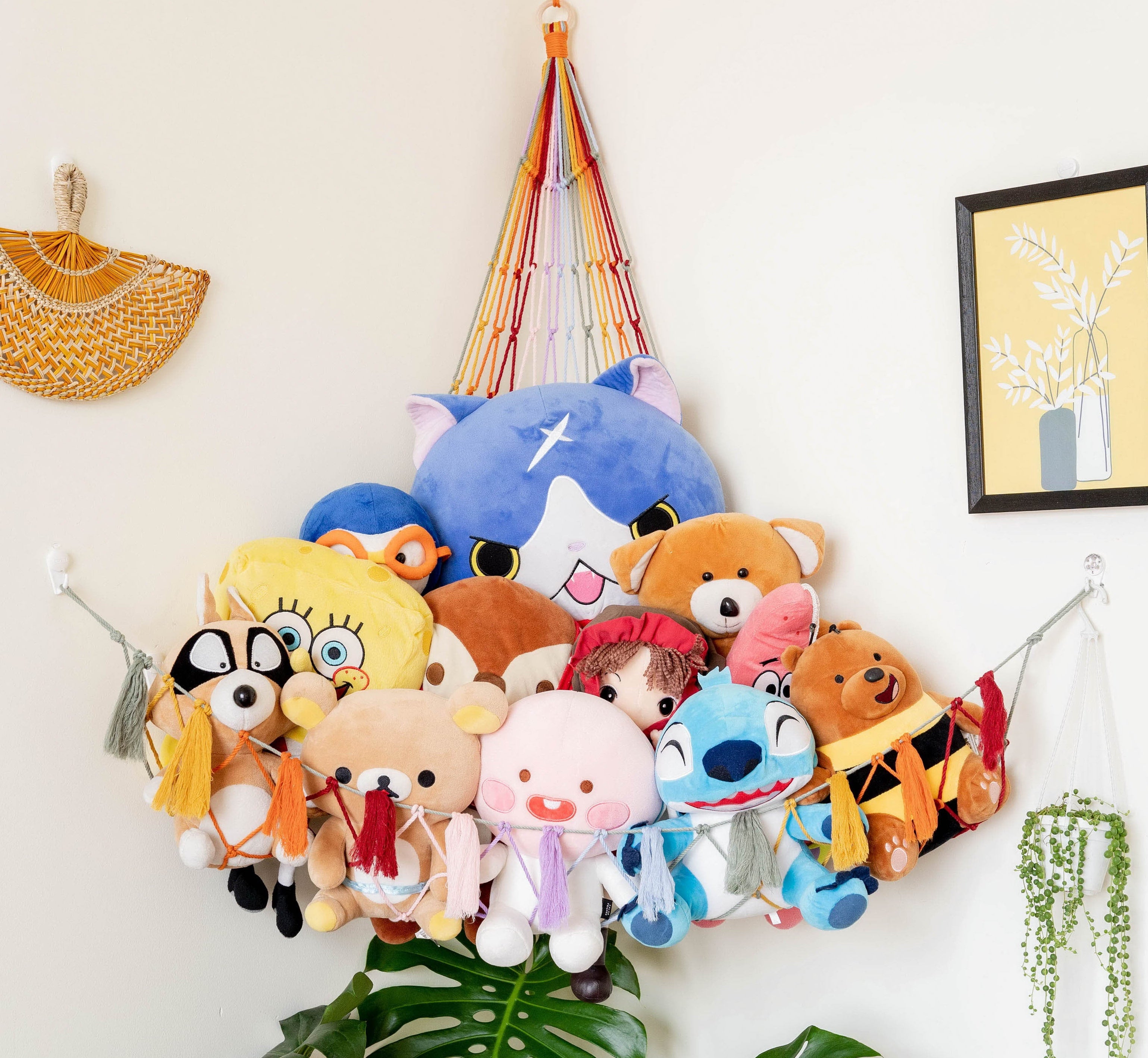 Rainbow Macrame Stuffed Animal Hammock For Nursery Toy Storage H20