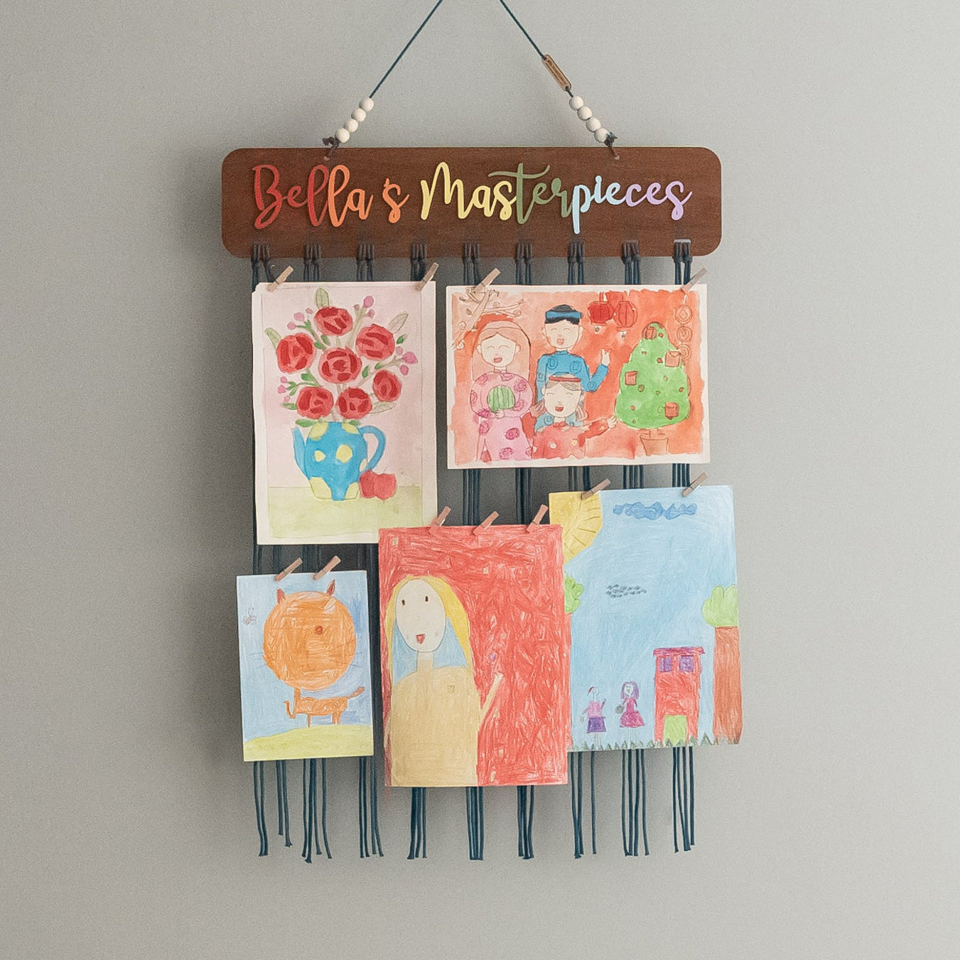 Macrame Kids Art Hanger Wood for Kids Art Display and Boho Wall Decor I28