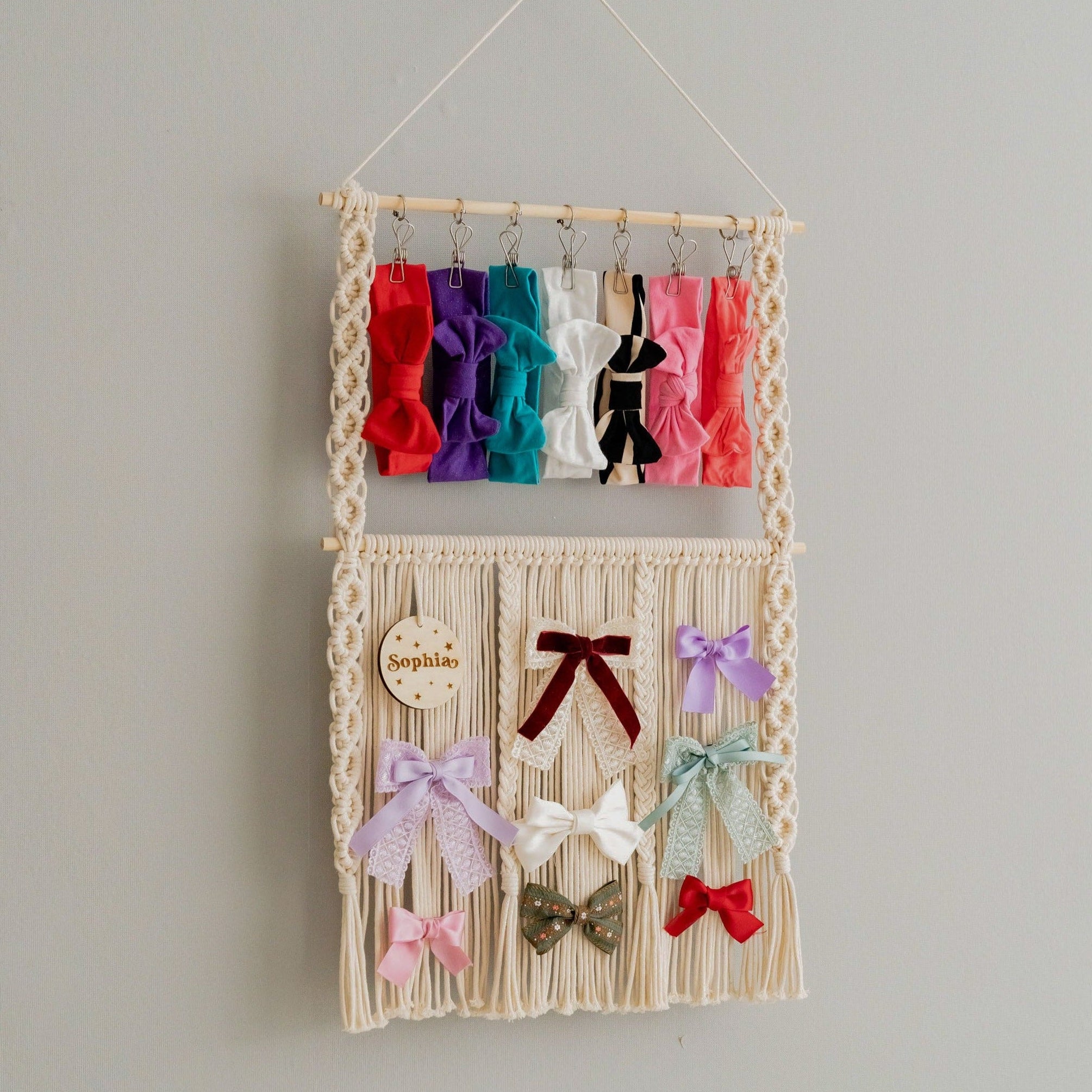 Personalized Macrame Bow Holder Wooden Stick for Hair Bow Holder and Boho Wall Decor I59