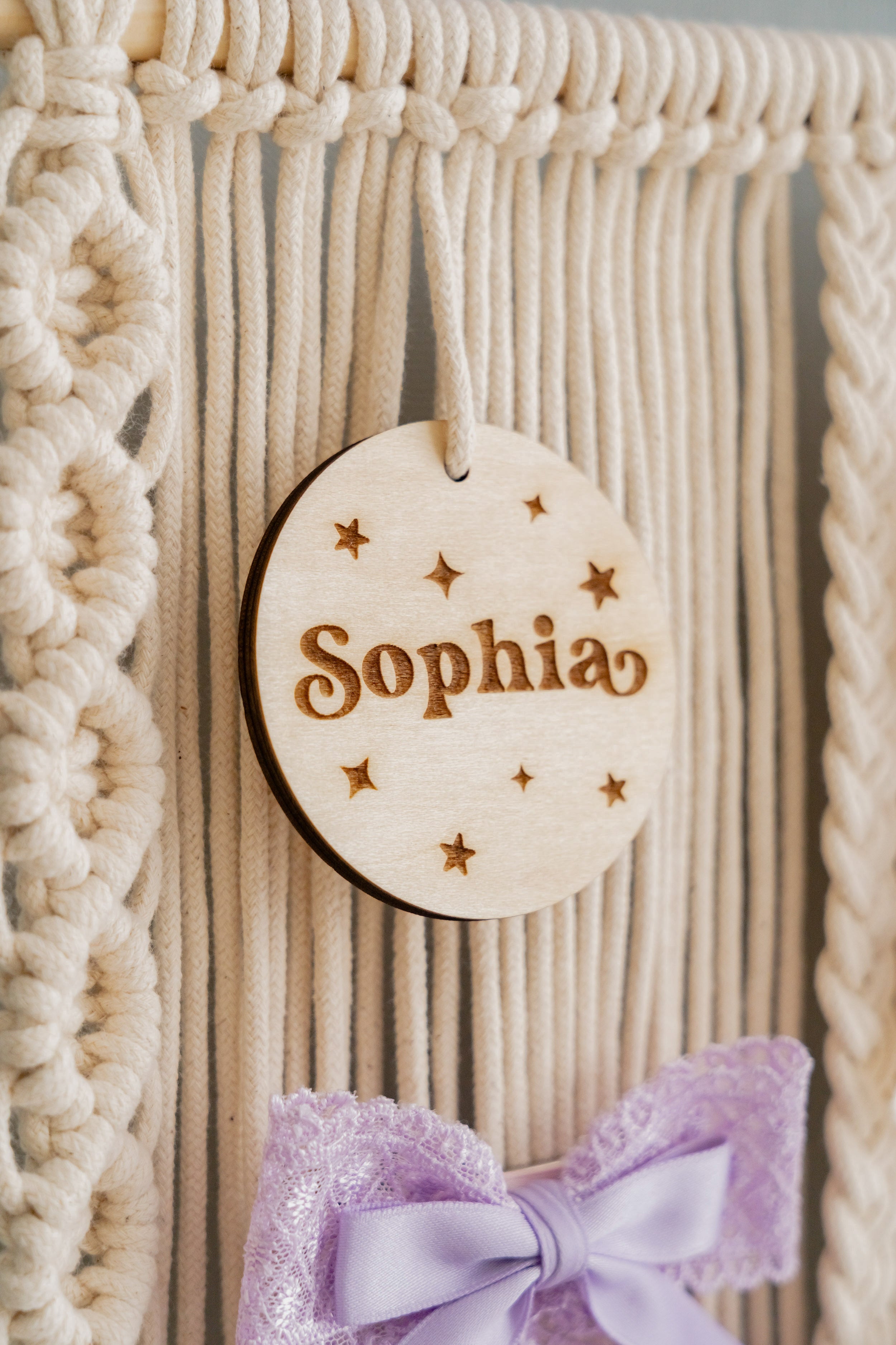 Personalized Macrame Bow Holder for Kids Room Decor