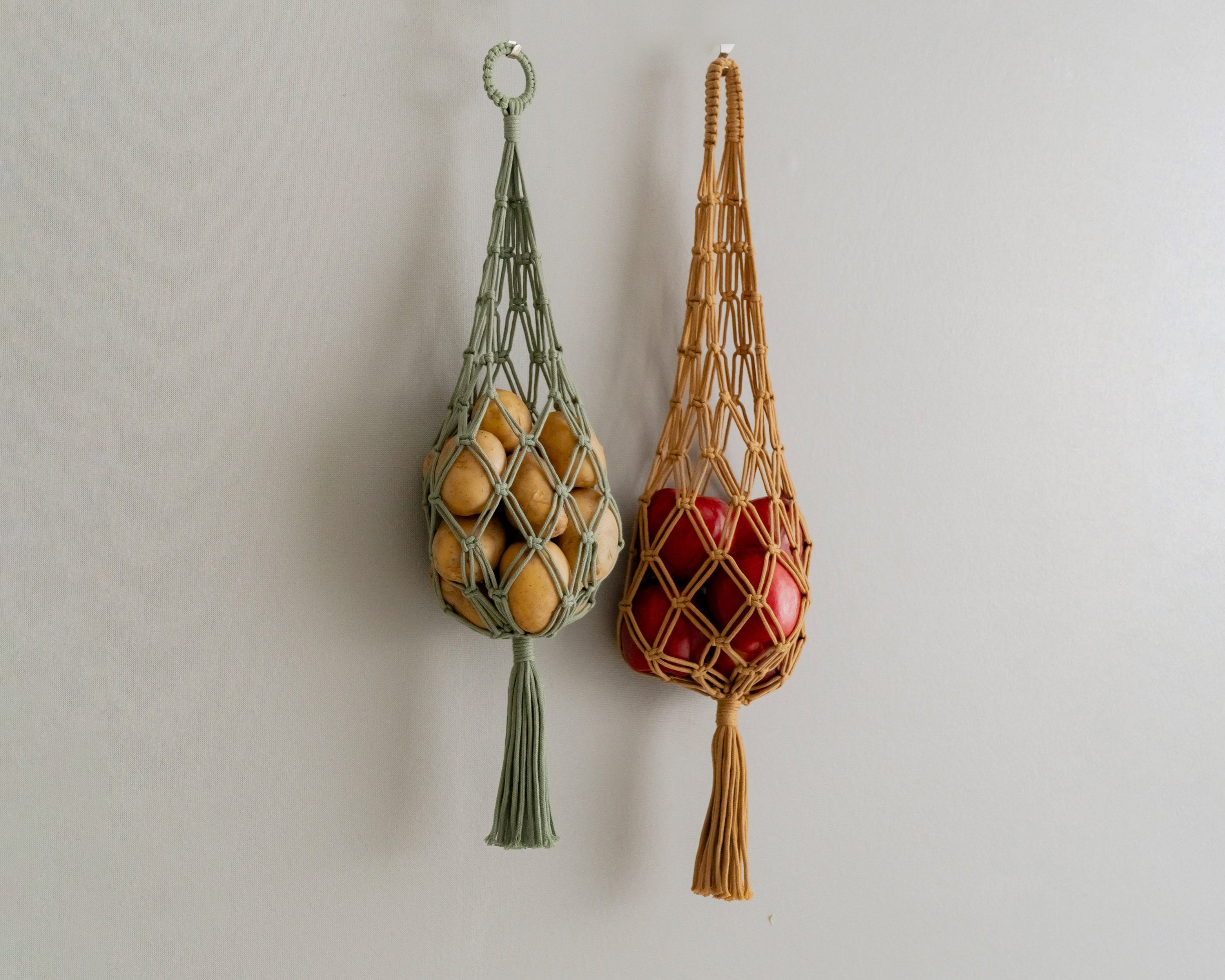 Cesta colgante de macramé para frutas para guardar en la cocina