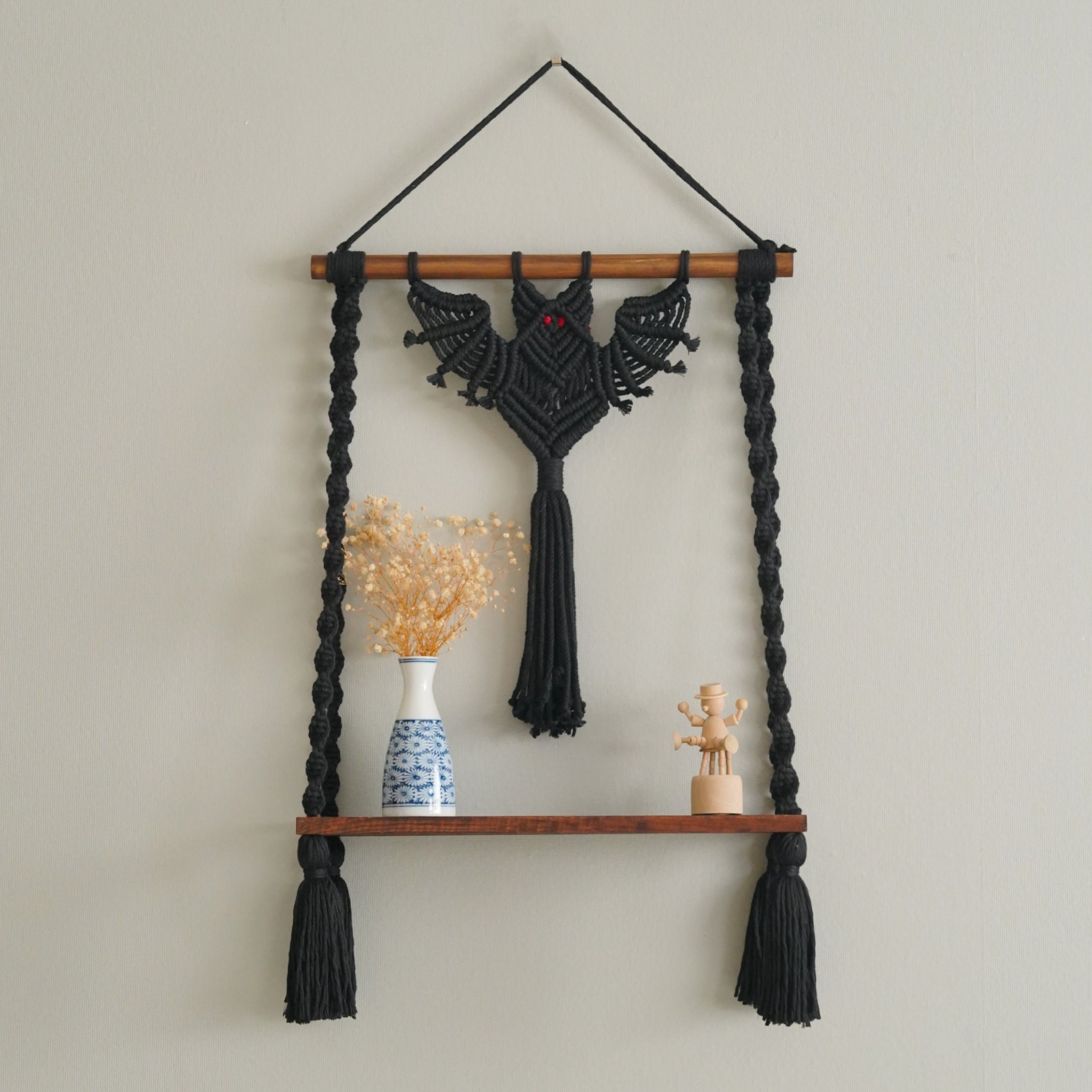 Macrame Bat Wall Hanging Plant Hanger and Shelf for Boho Decor