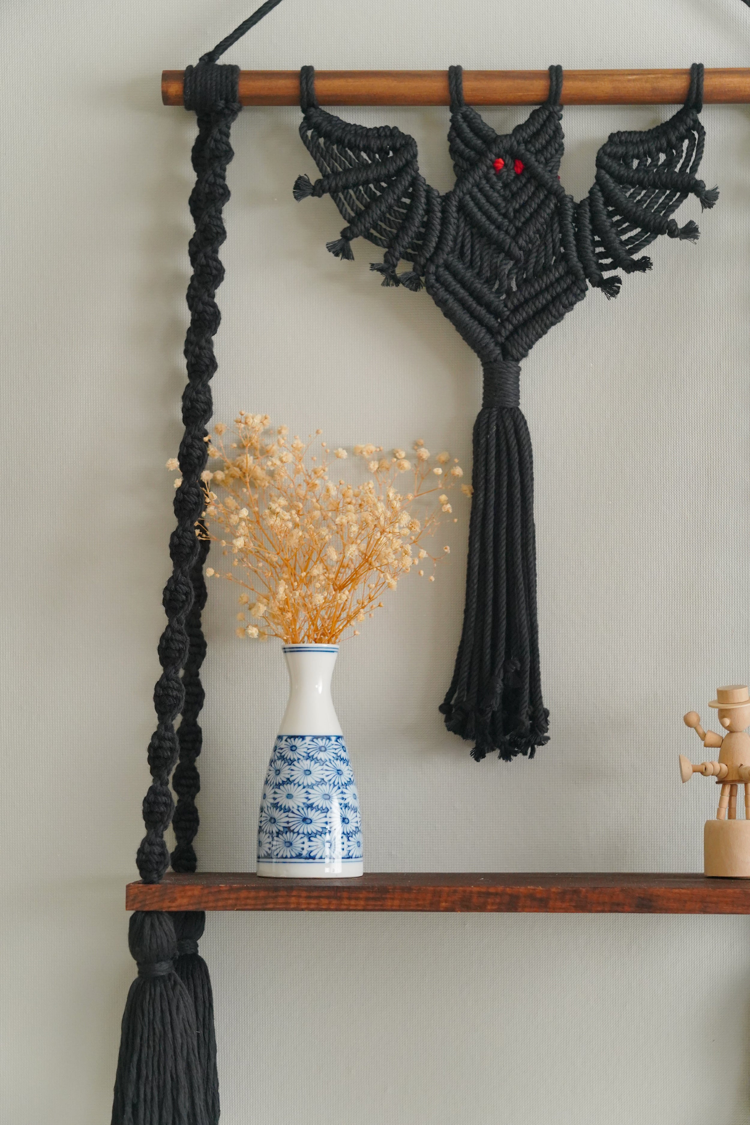 Macrame Bat Wall Hanging Plant Hanger and Shelf for Boho Decor