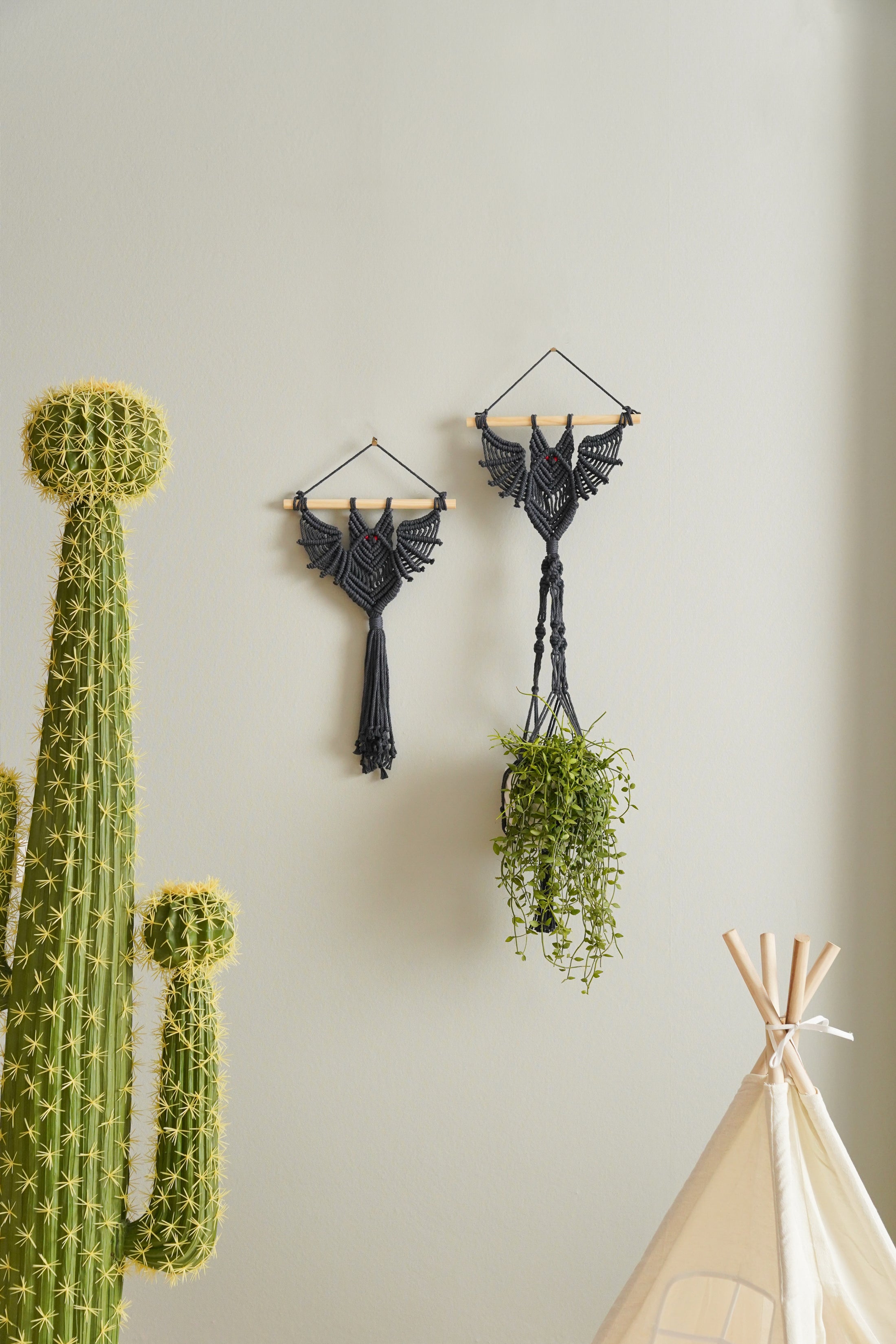 Macrame Bat Wall Hanging Plant Hanger and Shelf for Boho Decor