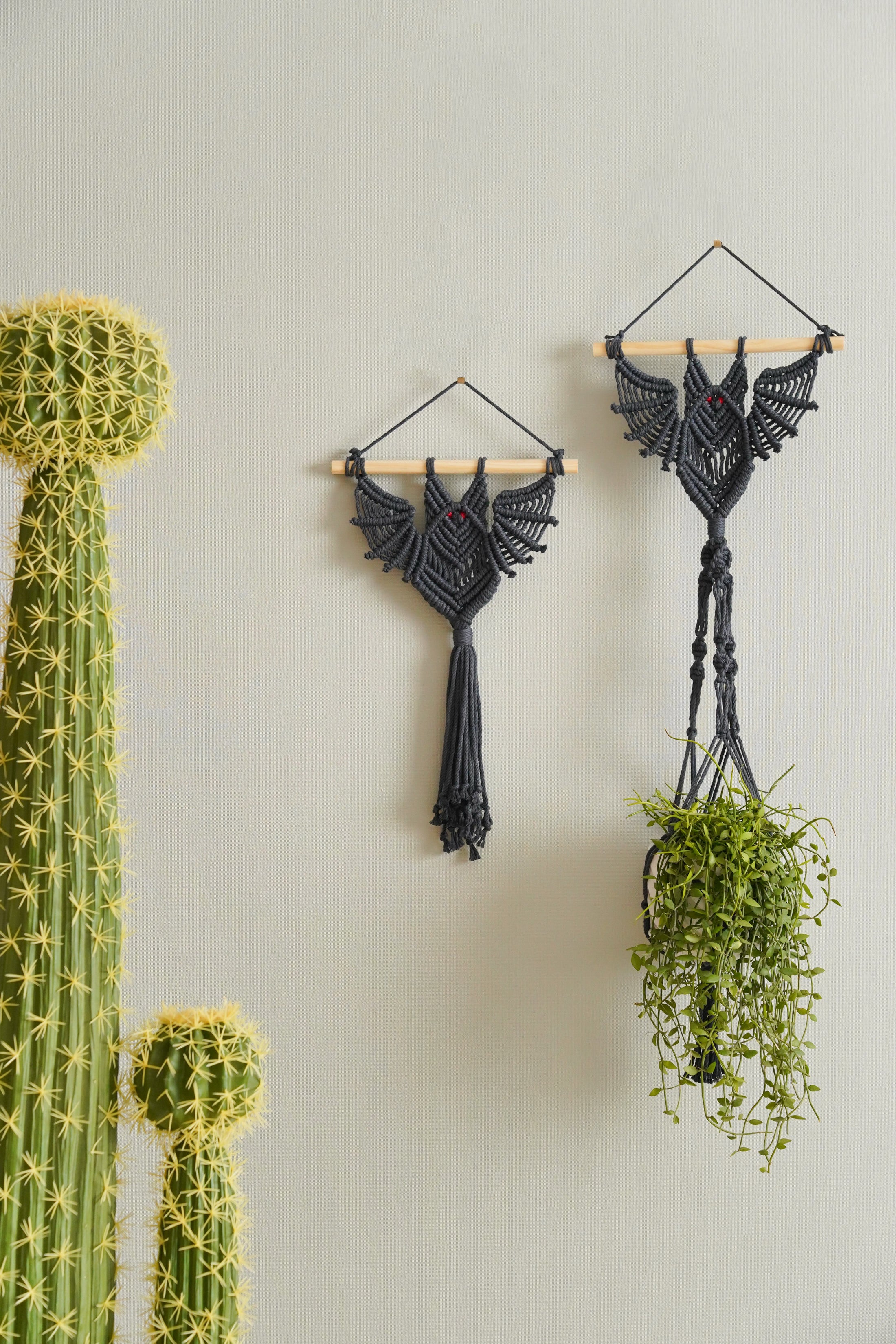 Macrame Bat Wall Hanging Plant Hanger and Shelf for Boho Decor