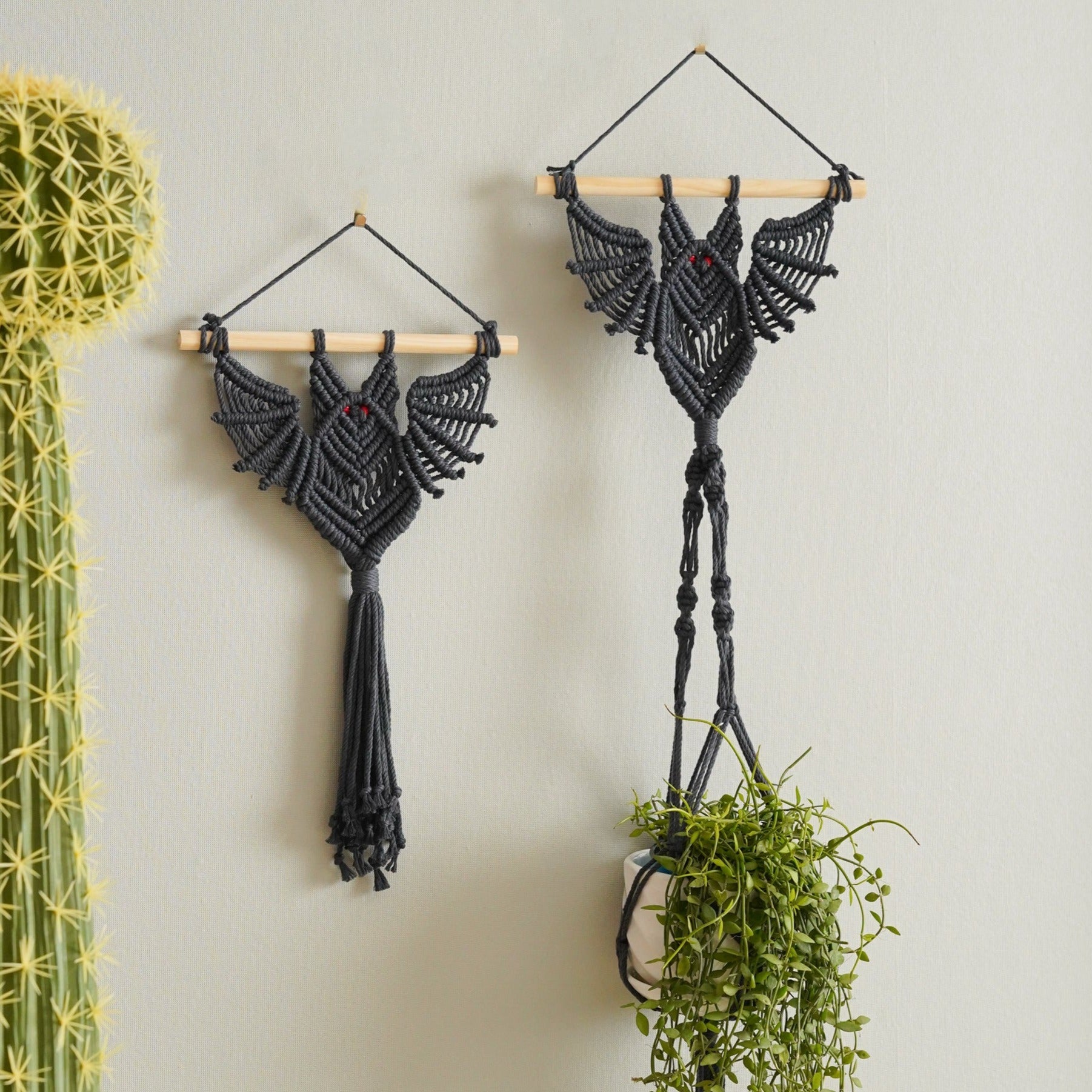 Macrame Bat Wall Hanging Plant Hanger and Shelf for Boho Decor