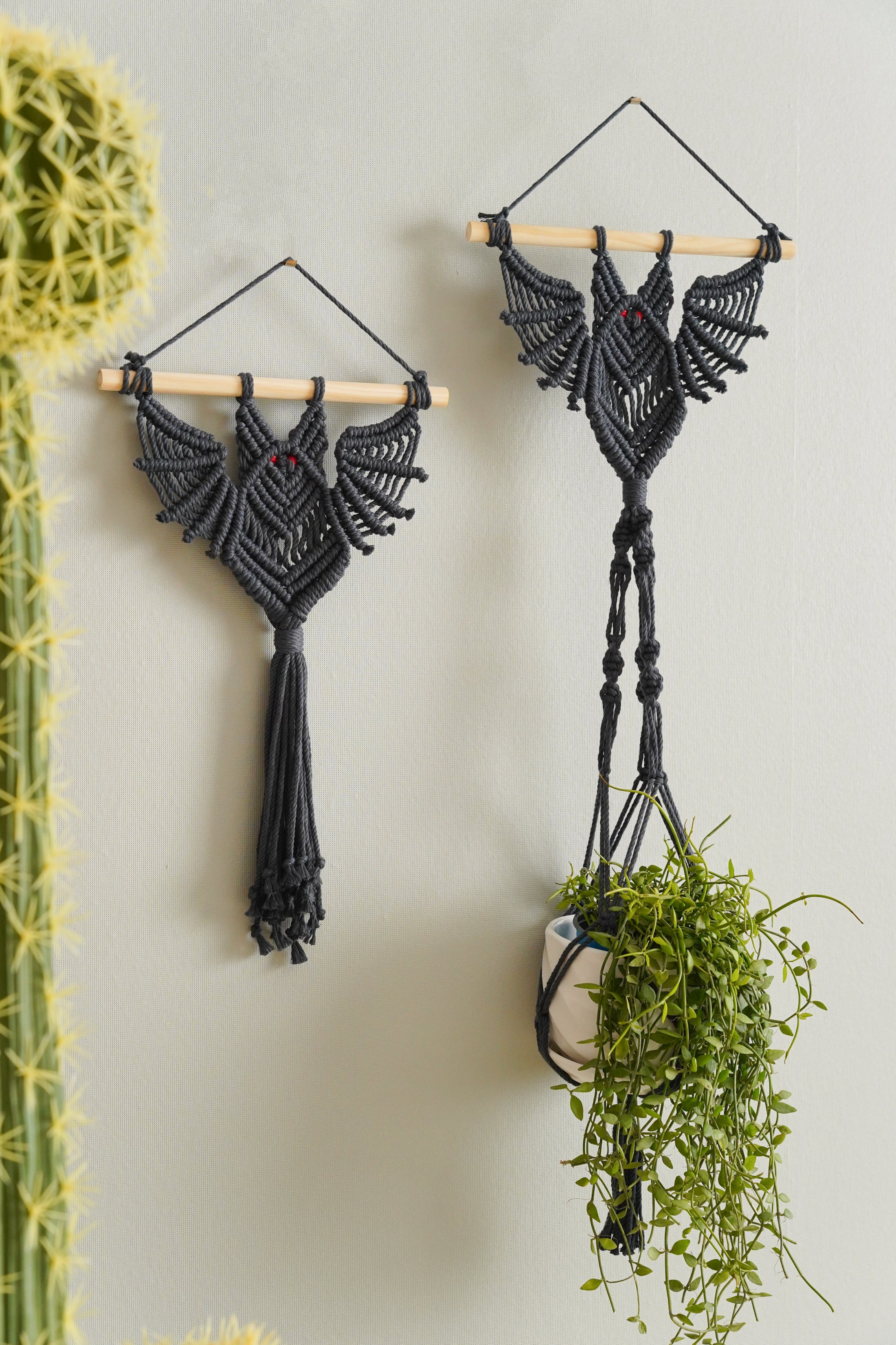 Macrame Bat Wall Hanging Plant Hanger and Shelf for Boho Decor