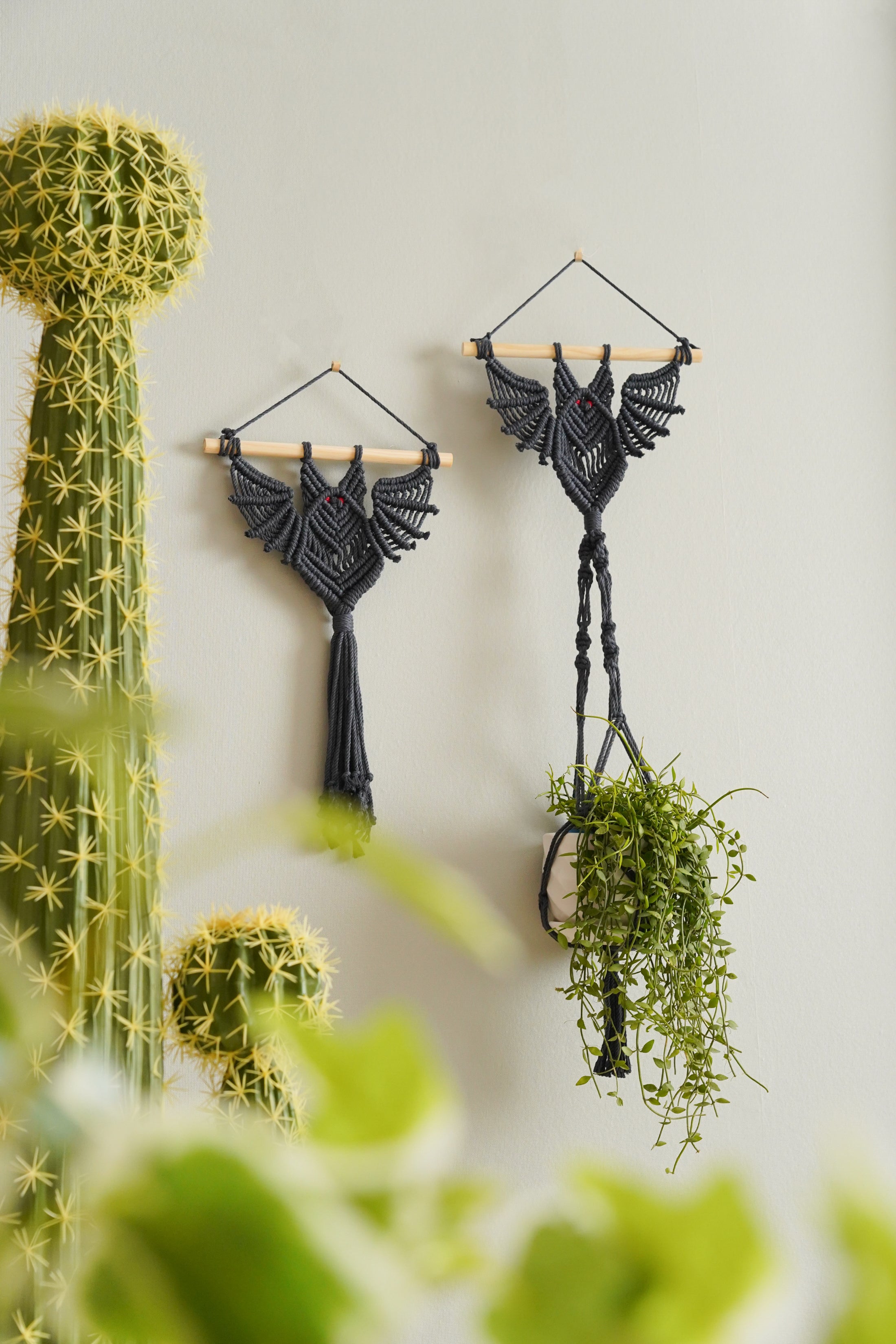 Macrame Bat Wall Hanging Plant Hanger and Shelf for Boho Decor