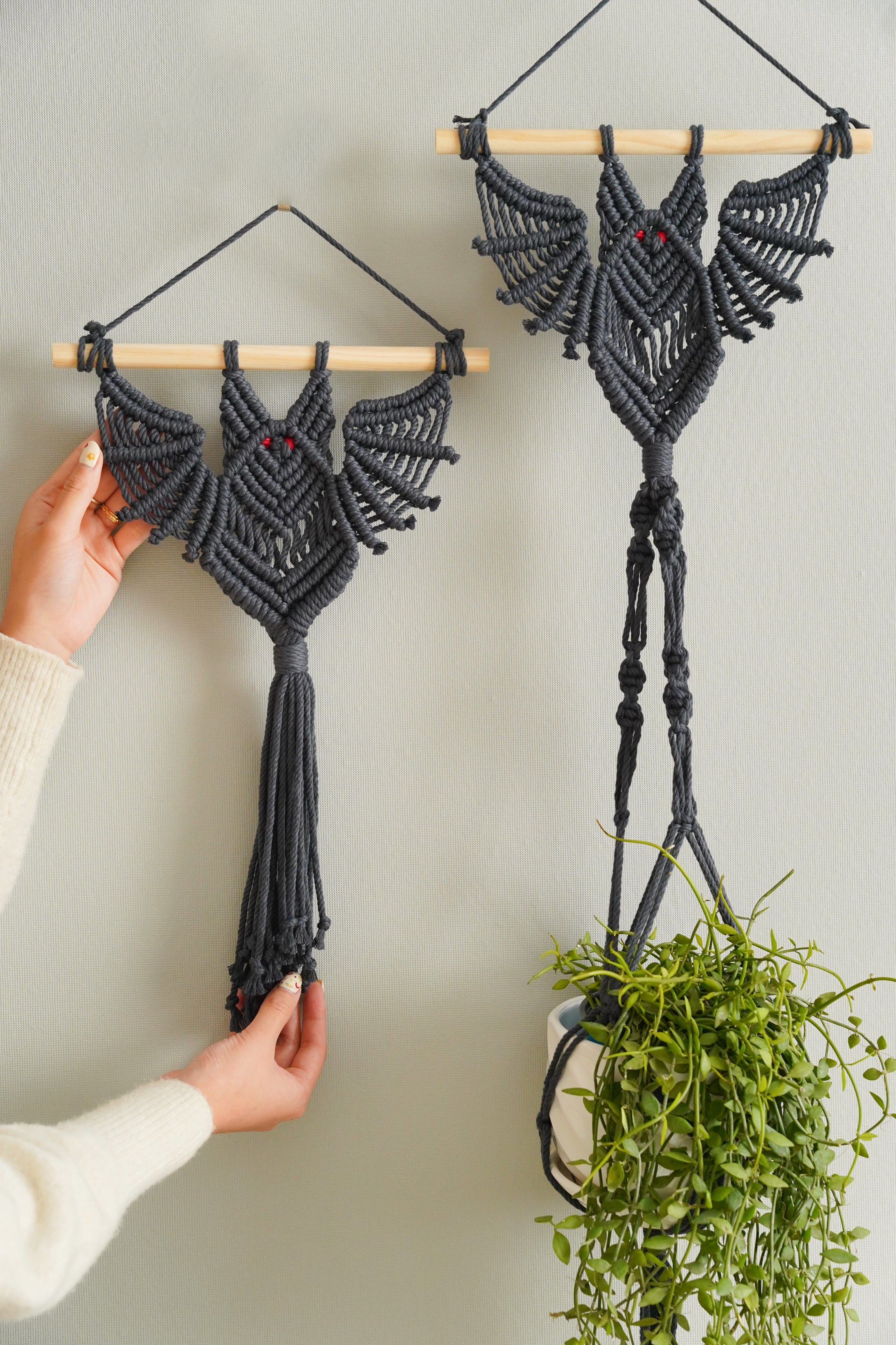 Macrame Bat Wall Hanging Plant Hanger and Shelf for Boho Decor