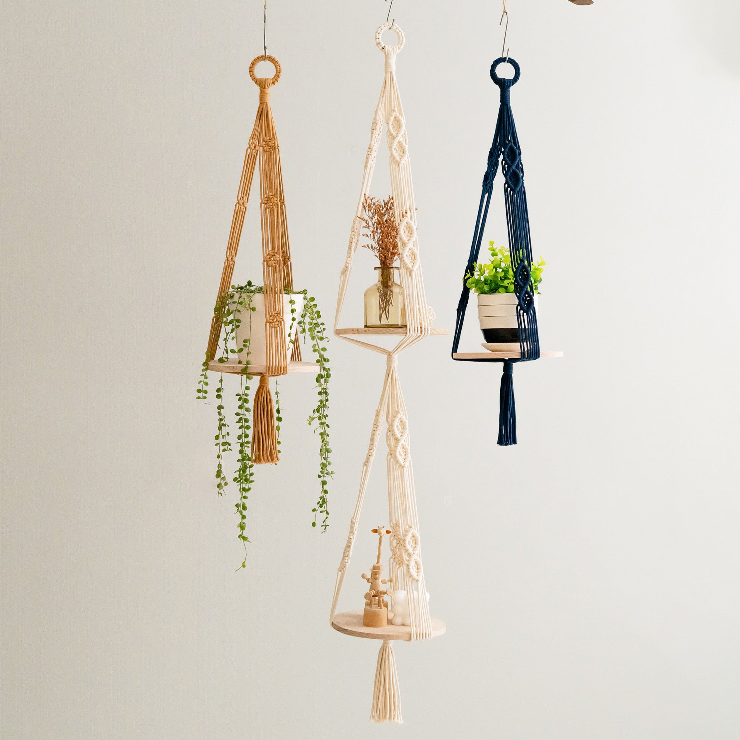 Boho Wooden Board Plant Hanger – Cotton Cord Indoor Plant Shelf S23