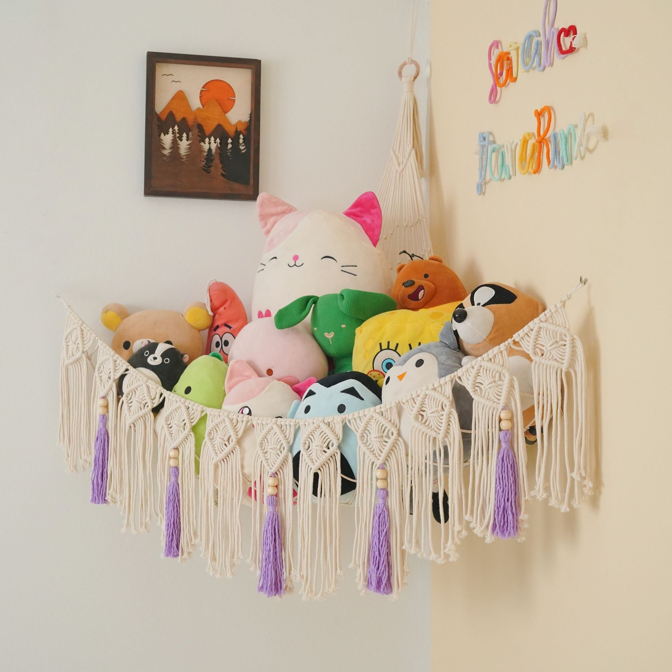 Macrame Toy Storage Hammock Cord for Stuffed Animal Storage and Boho Toy Organizer I20