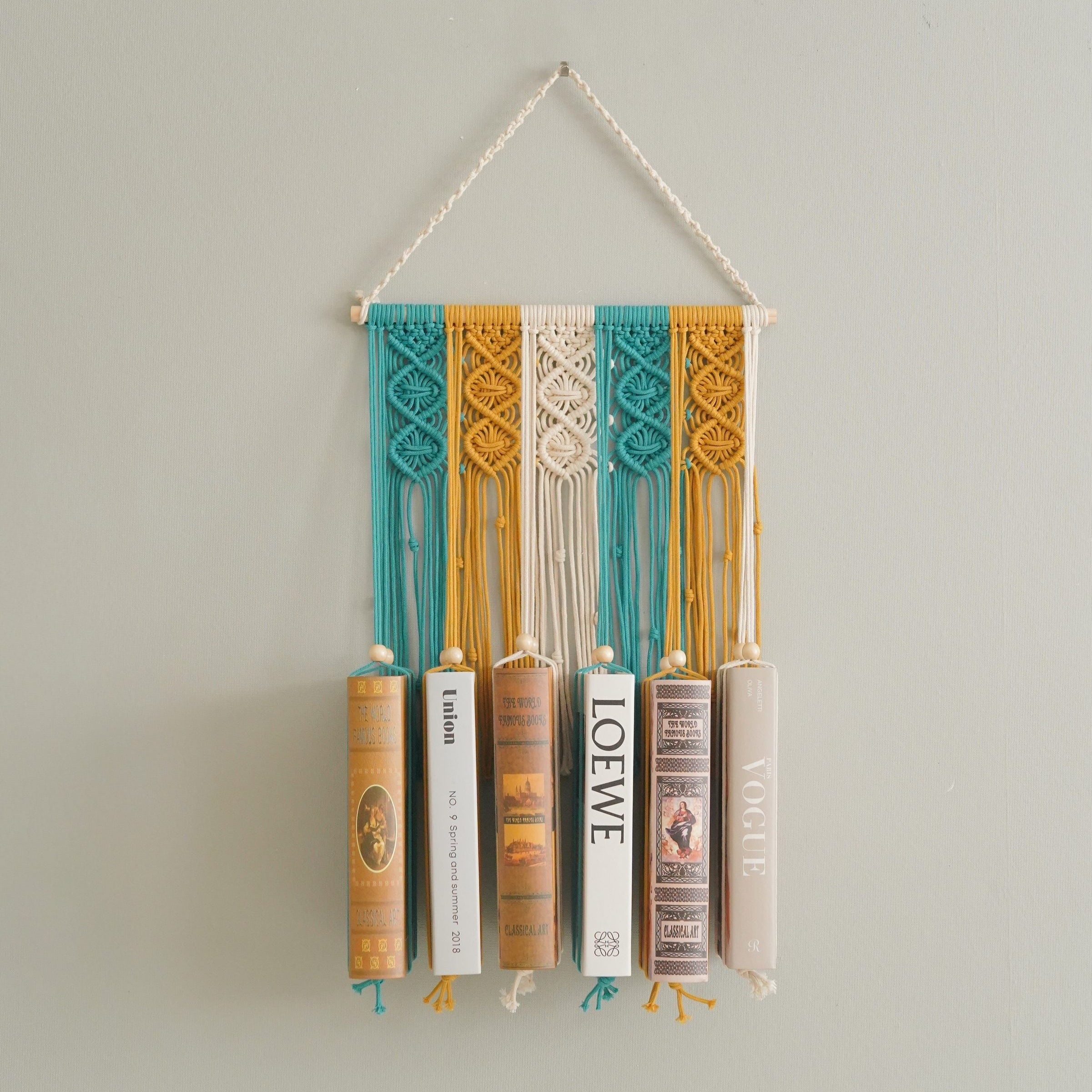 Macrame Book Holder with Wooden Stick for Wall Book Storage I33