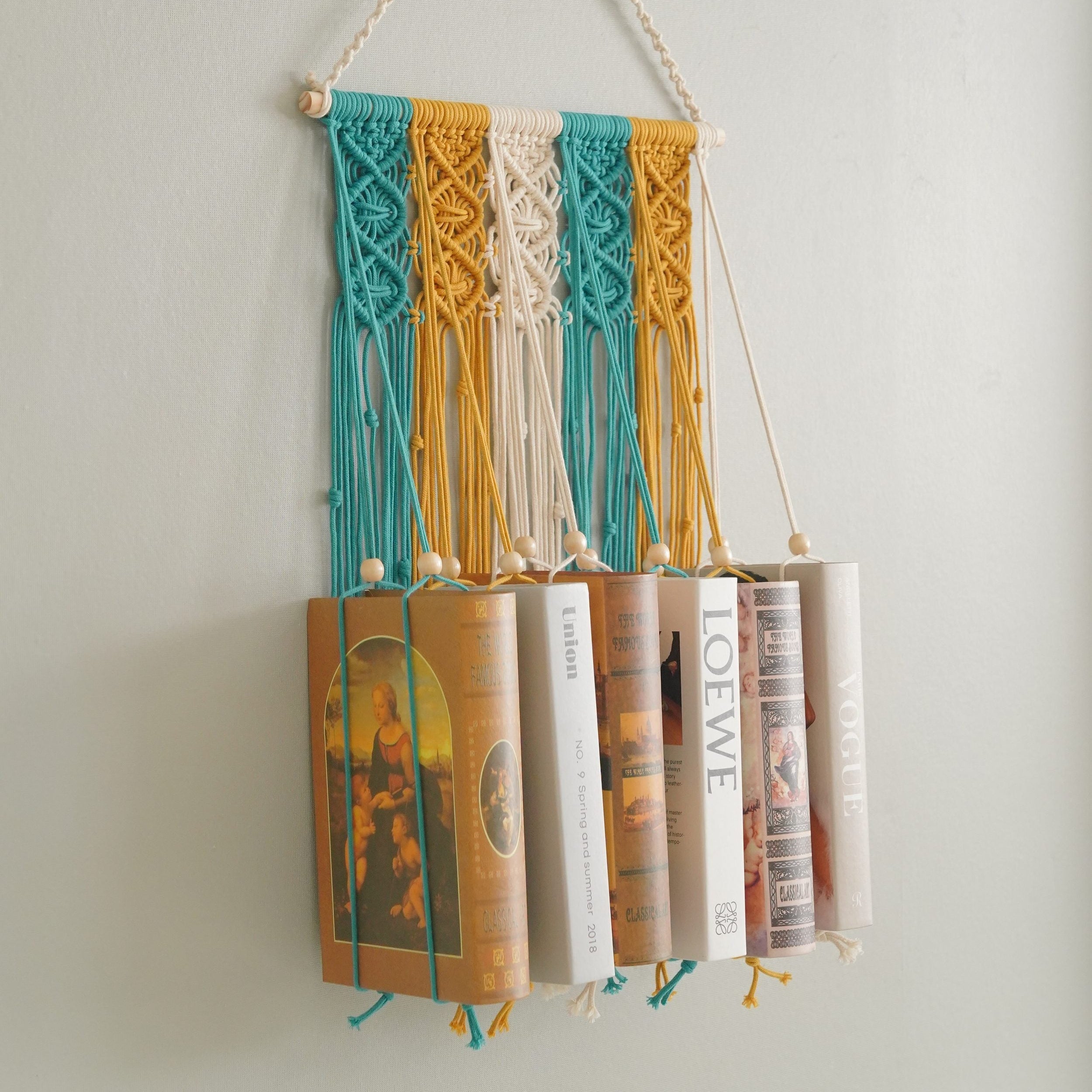Macrame Book Holder with Wooden Stick for Wall Book Storage I33