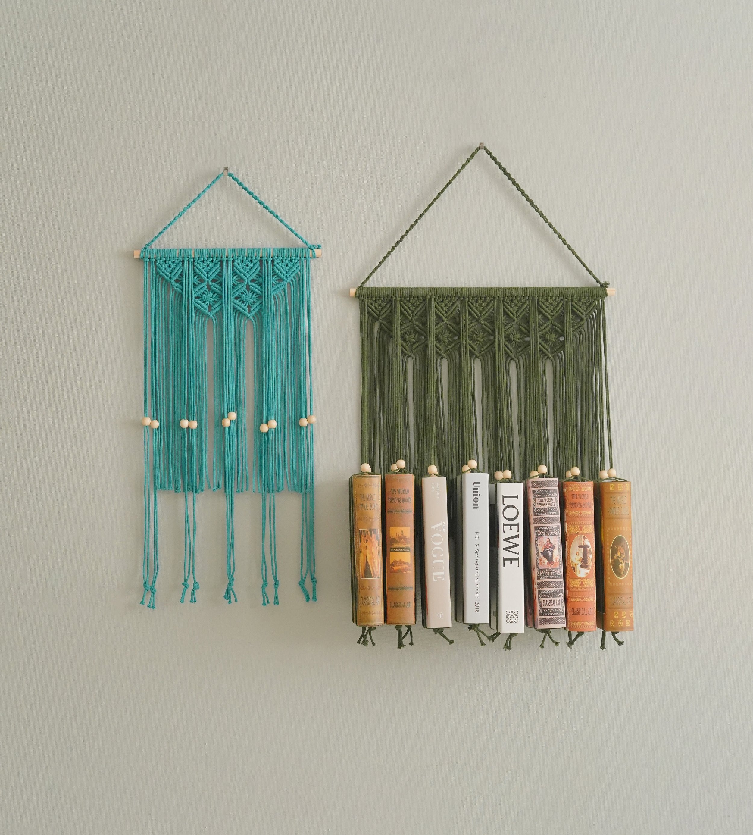 Estantería de macramé boho para guardar libros con estilo