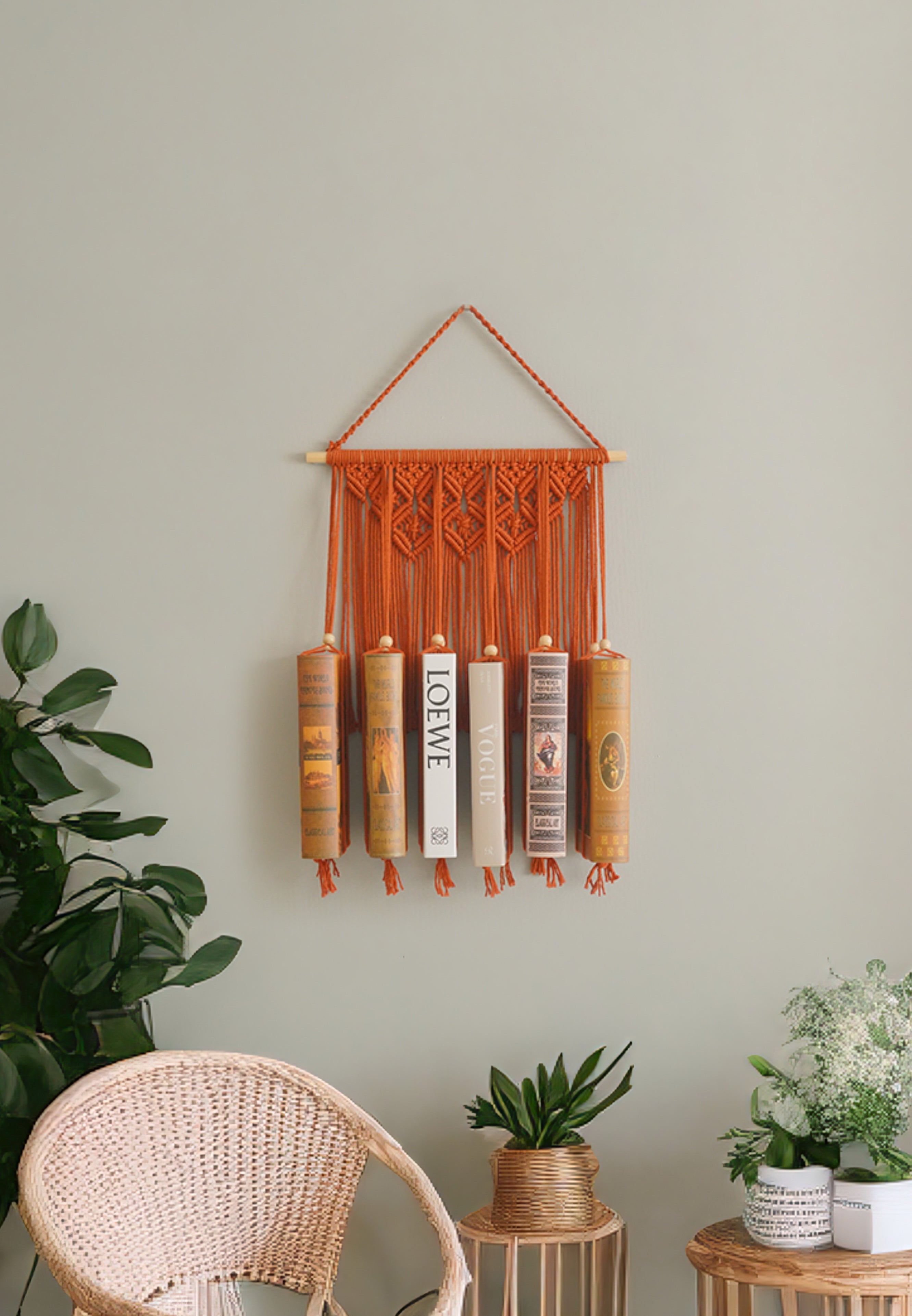 Estantería de macramé boho para guardar libros con estilo