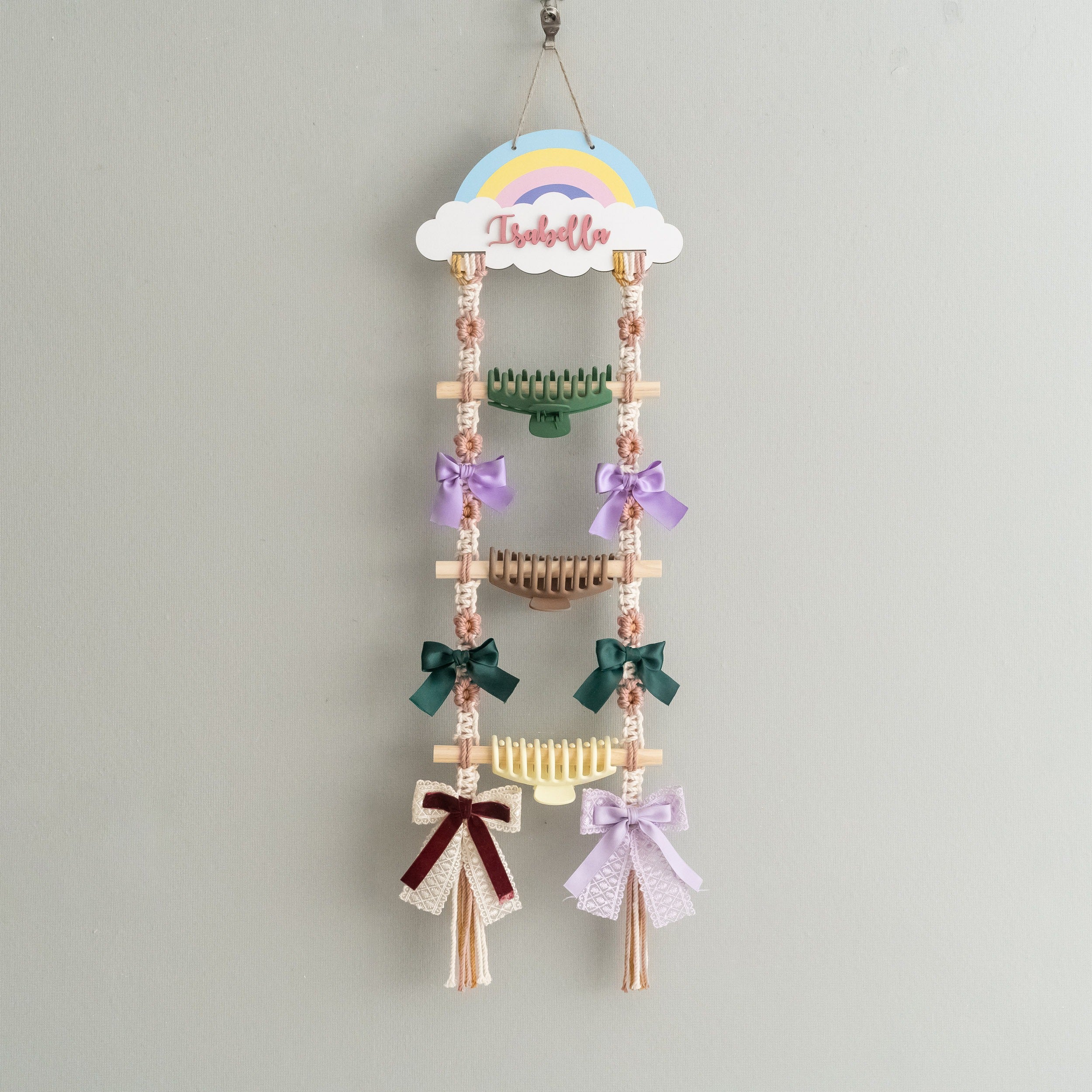 Personalized Macrame Hair Clip Holder | Bow Hanger For Girls Wall Decor I92