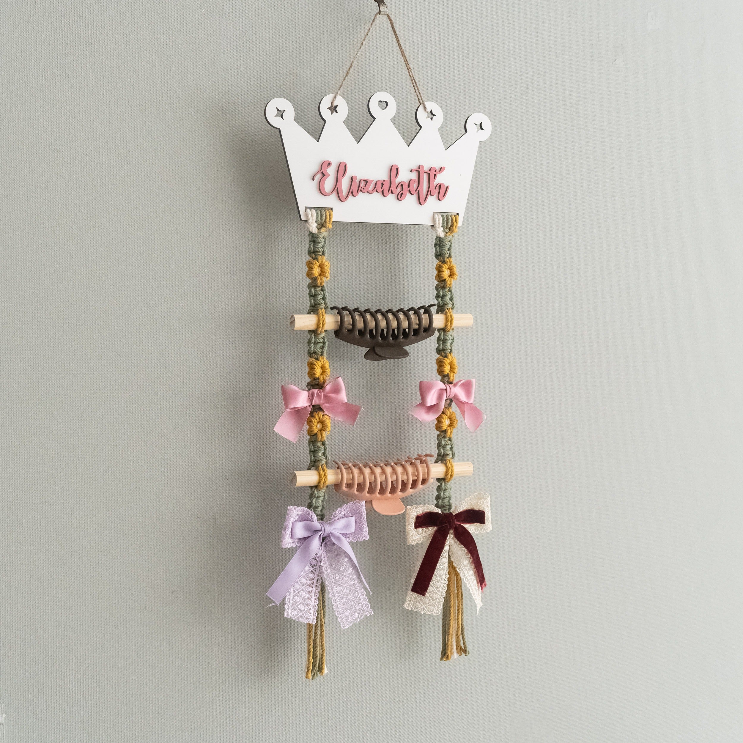 Personalized Macrame Hair Clip Holder | Bow Hanger For Girls Wall Decor I92