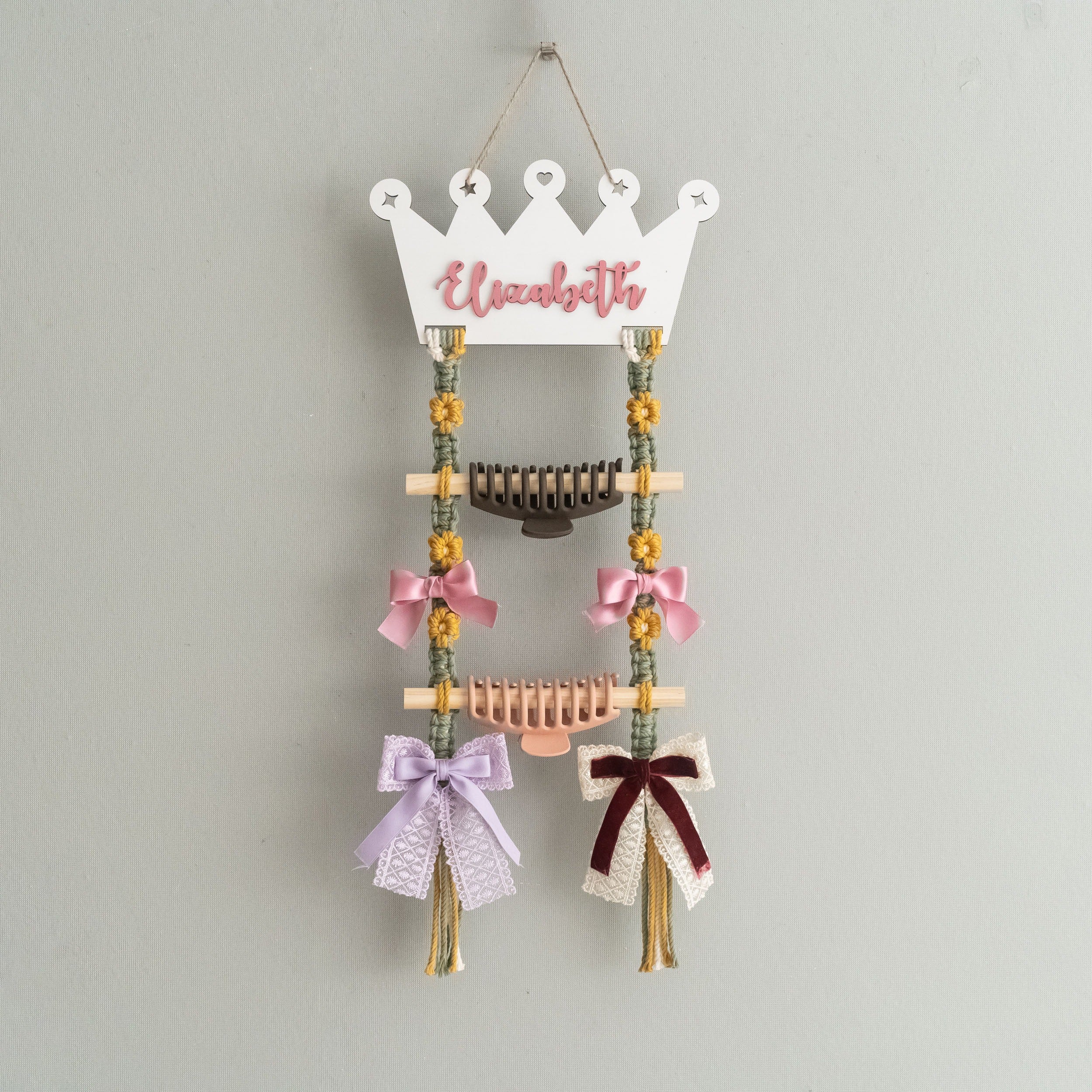 Personalized Macrame Hair Clip Holder Driftwood for Girls Hair Bow Holder and Boho Wall Hanging Organizer I92