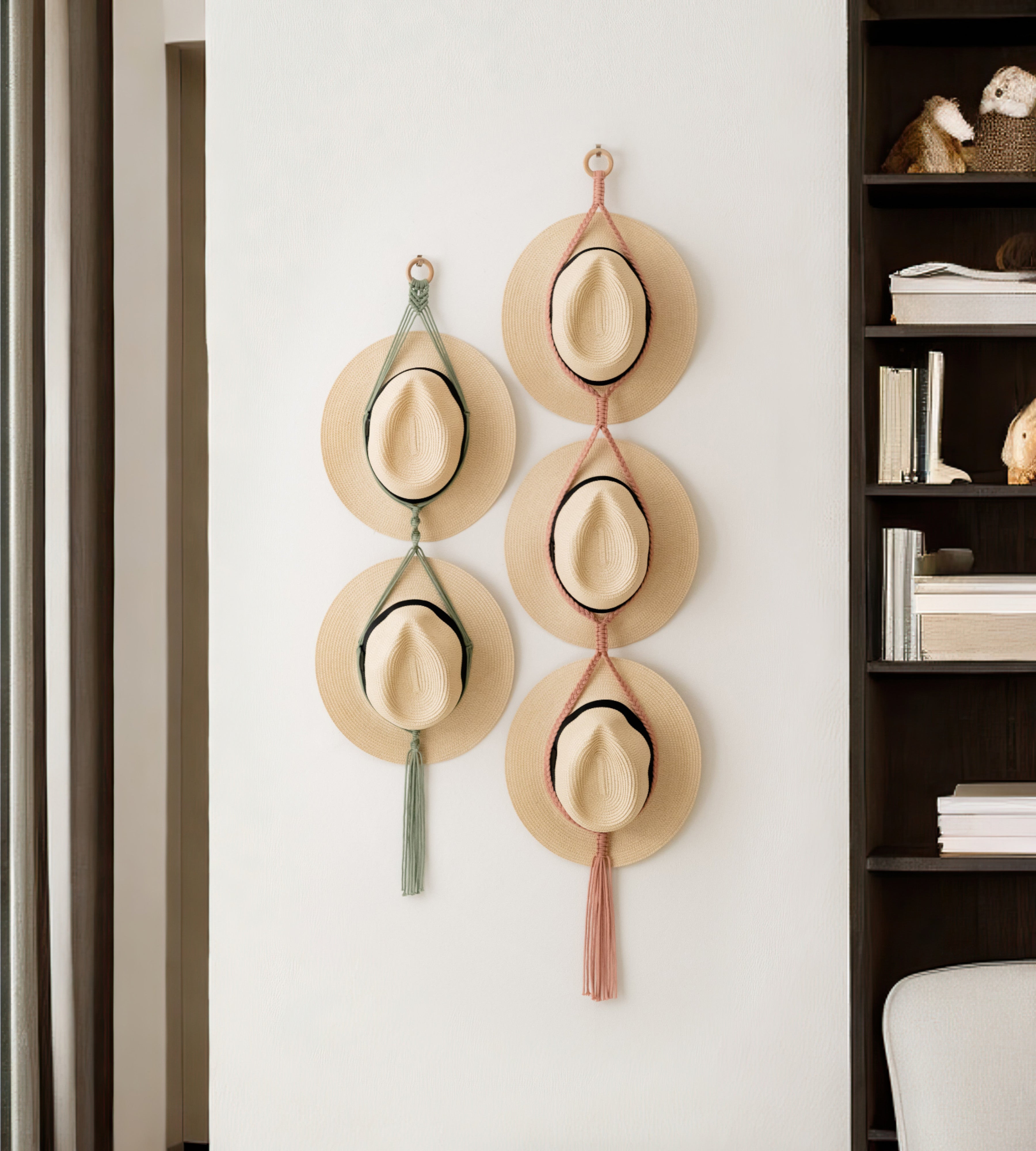 Macrame Hat Hanger with Wooden Ring for Wall Hat Storage I50