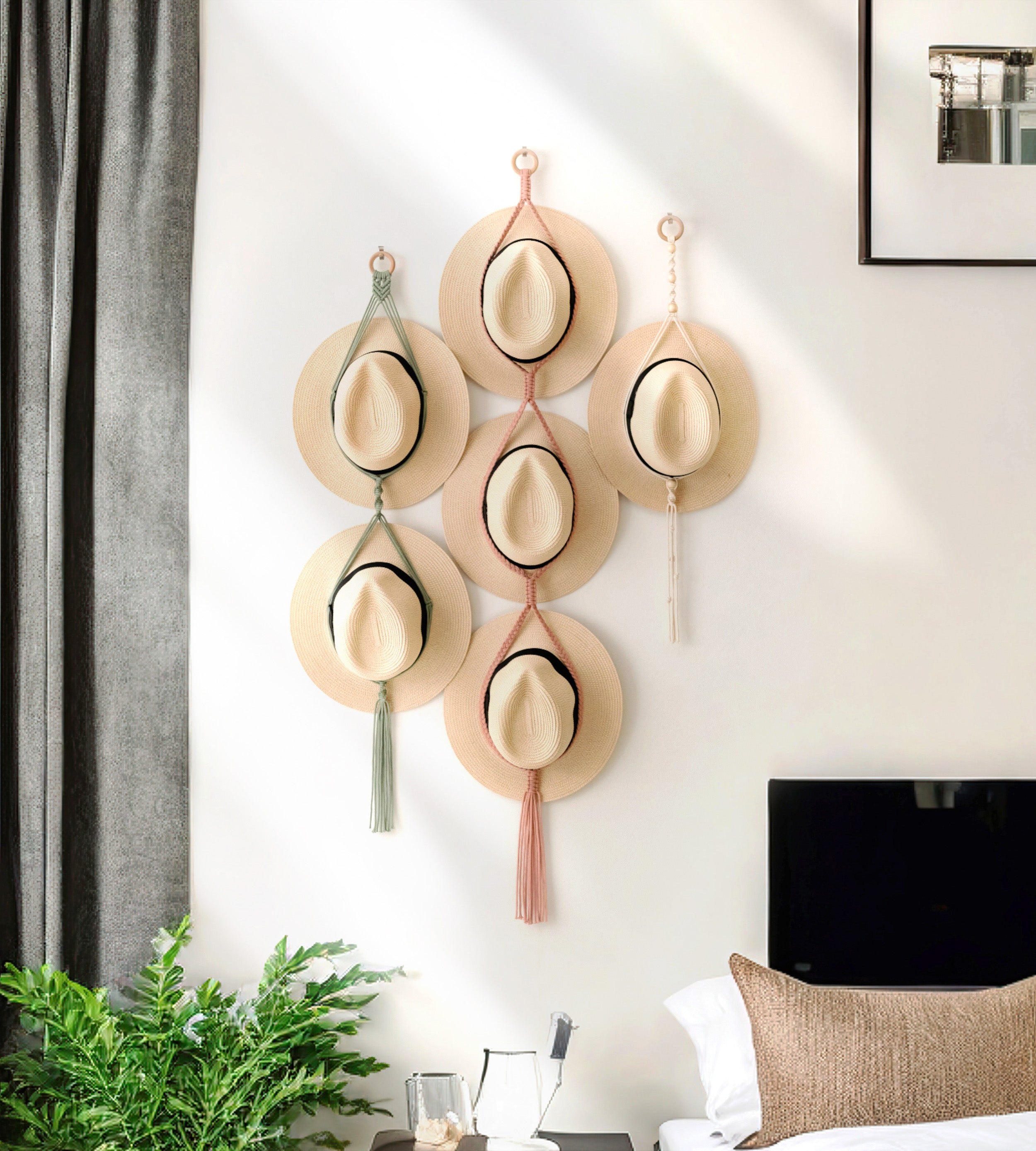 Macrame Hat Hanger with Wooden Ring for Wall Hat Storage I50