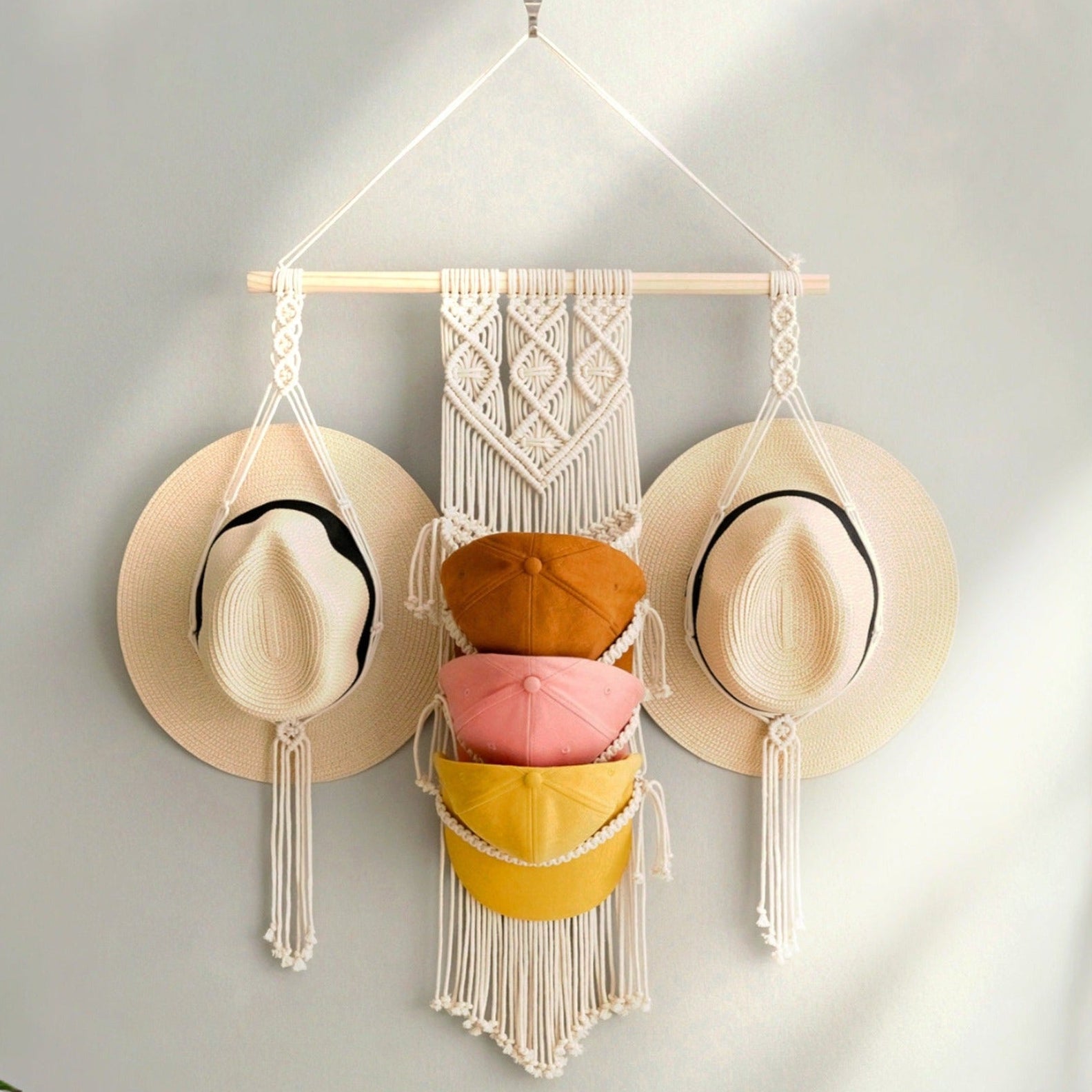 Macrame Hat and Cap Holder – Boho Wall Organizer Display I53