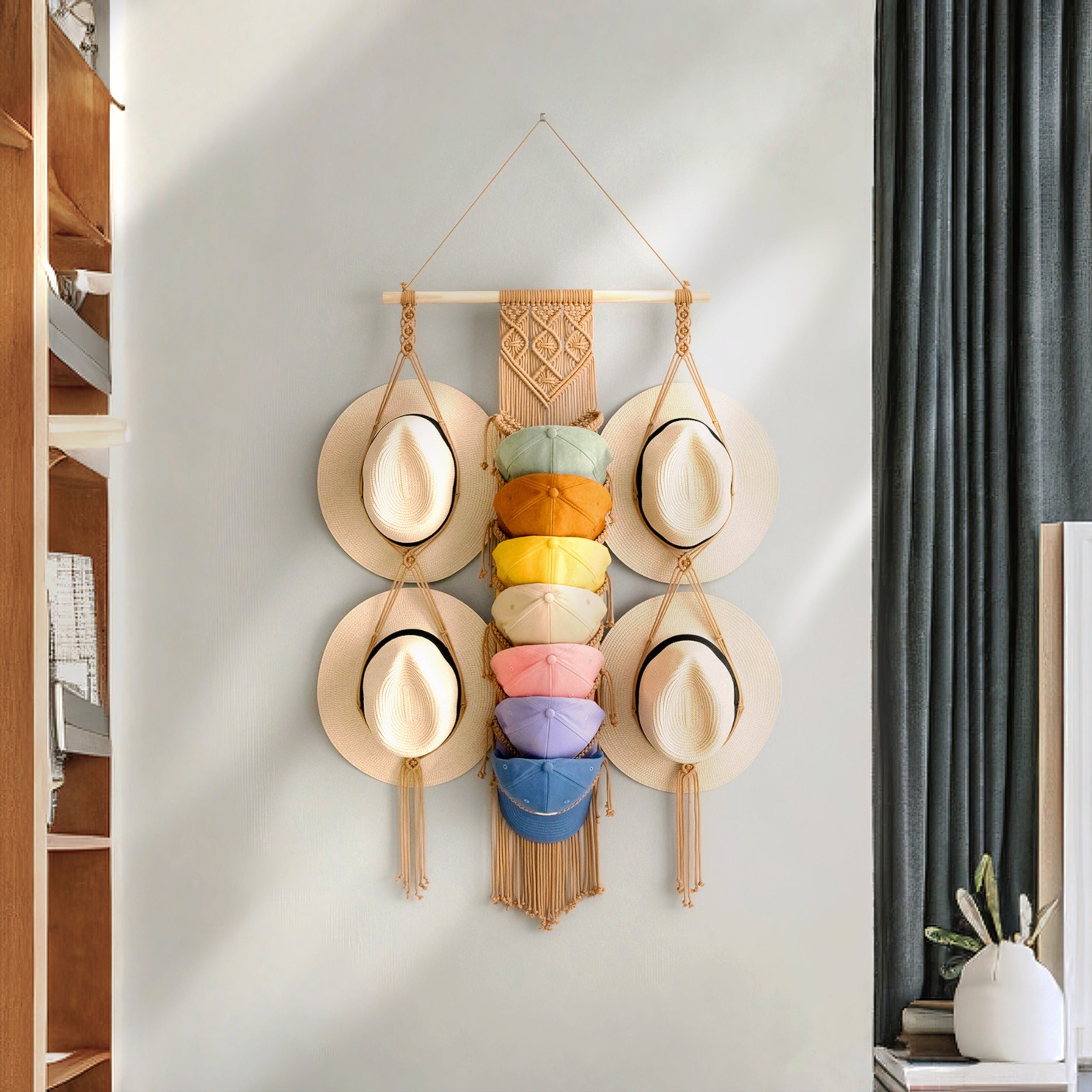 Macrame Hat and Cap Holder – Boho Wall Organizer Display I53