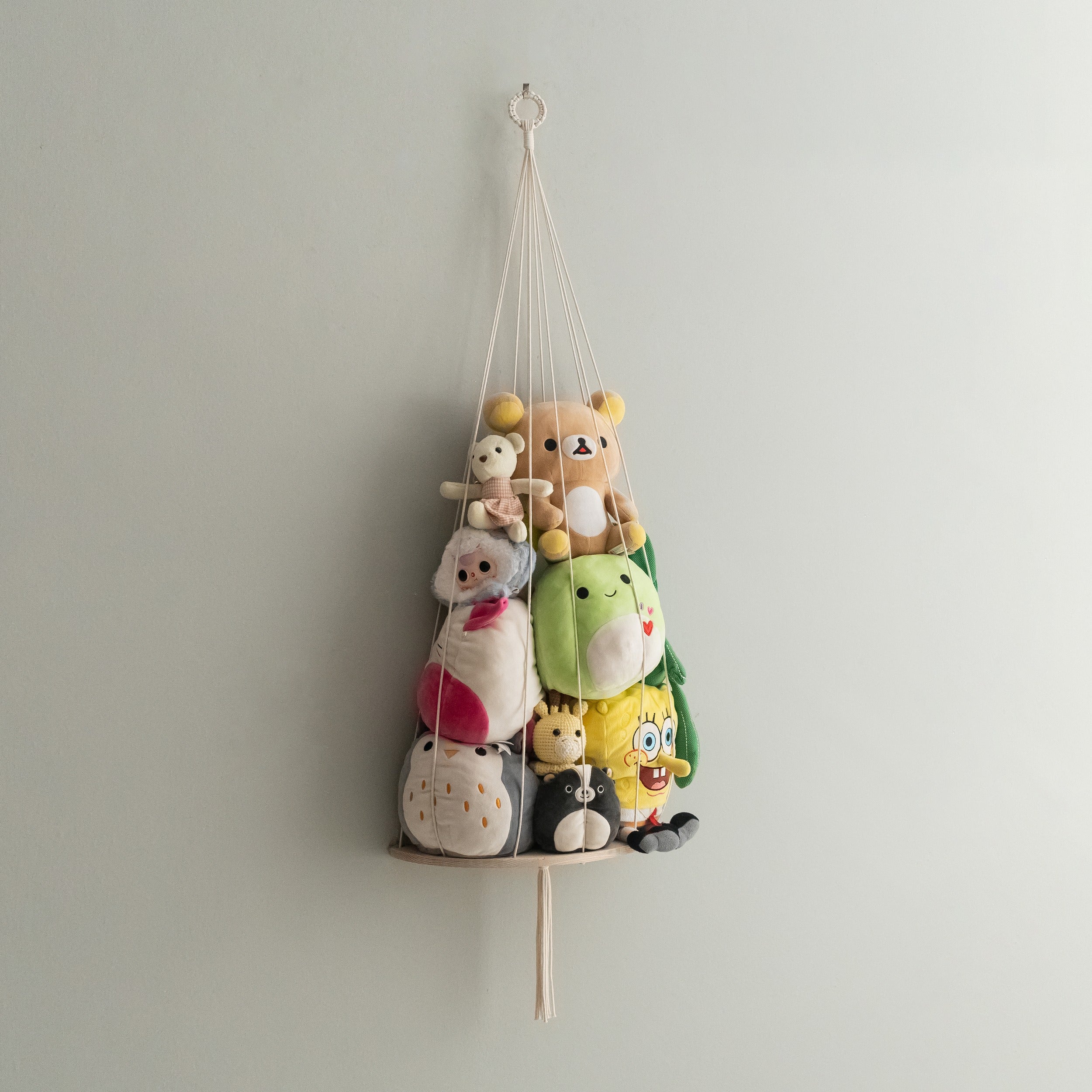 Macrame Toy Hammock with Wood Shelf for Stuffed Animal Storage I94