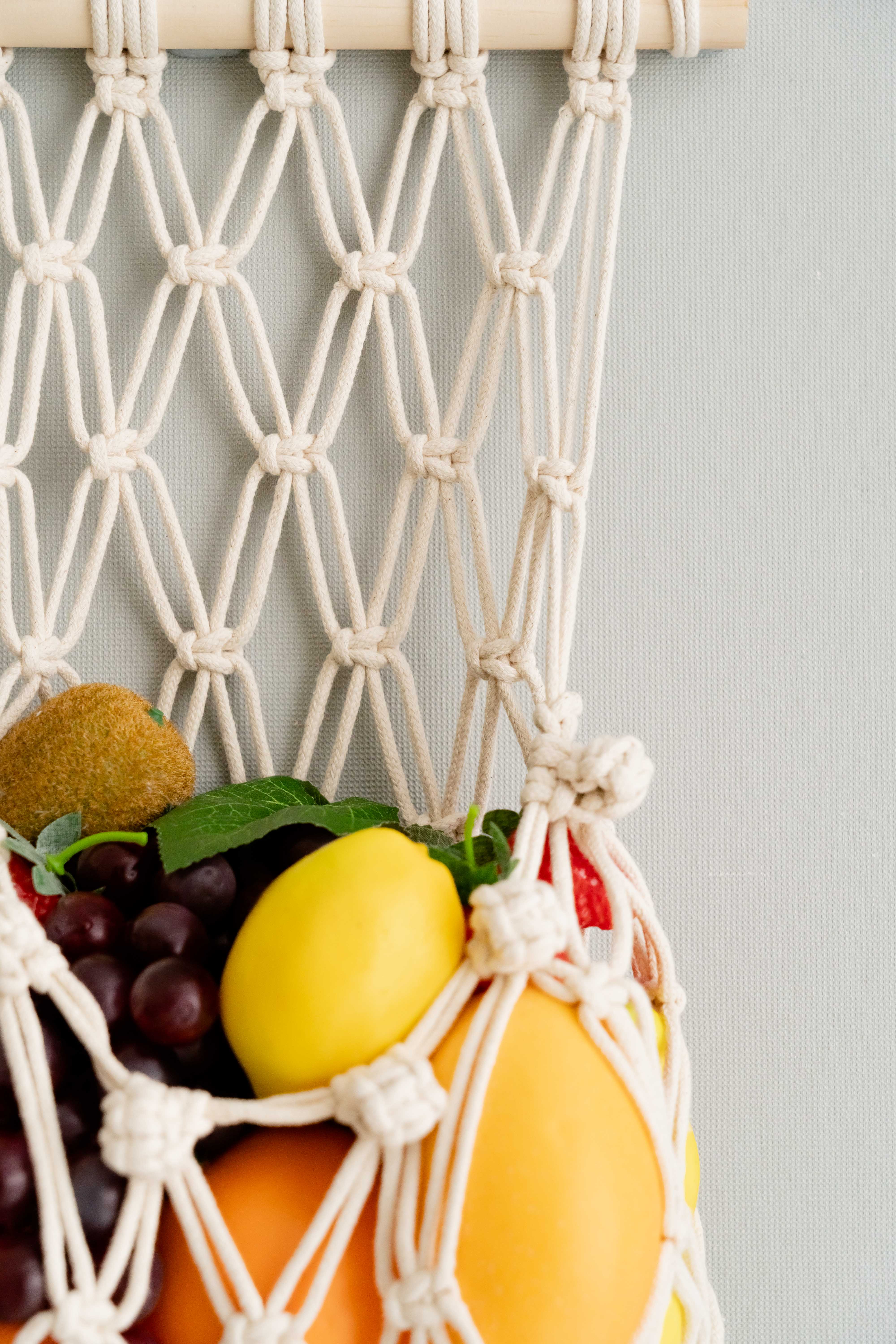 Macrame Fruit Wall Hanger – Boho Cotton Rope Organizer I38