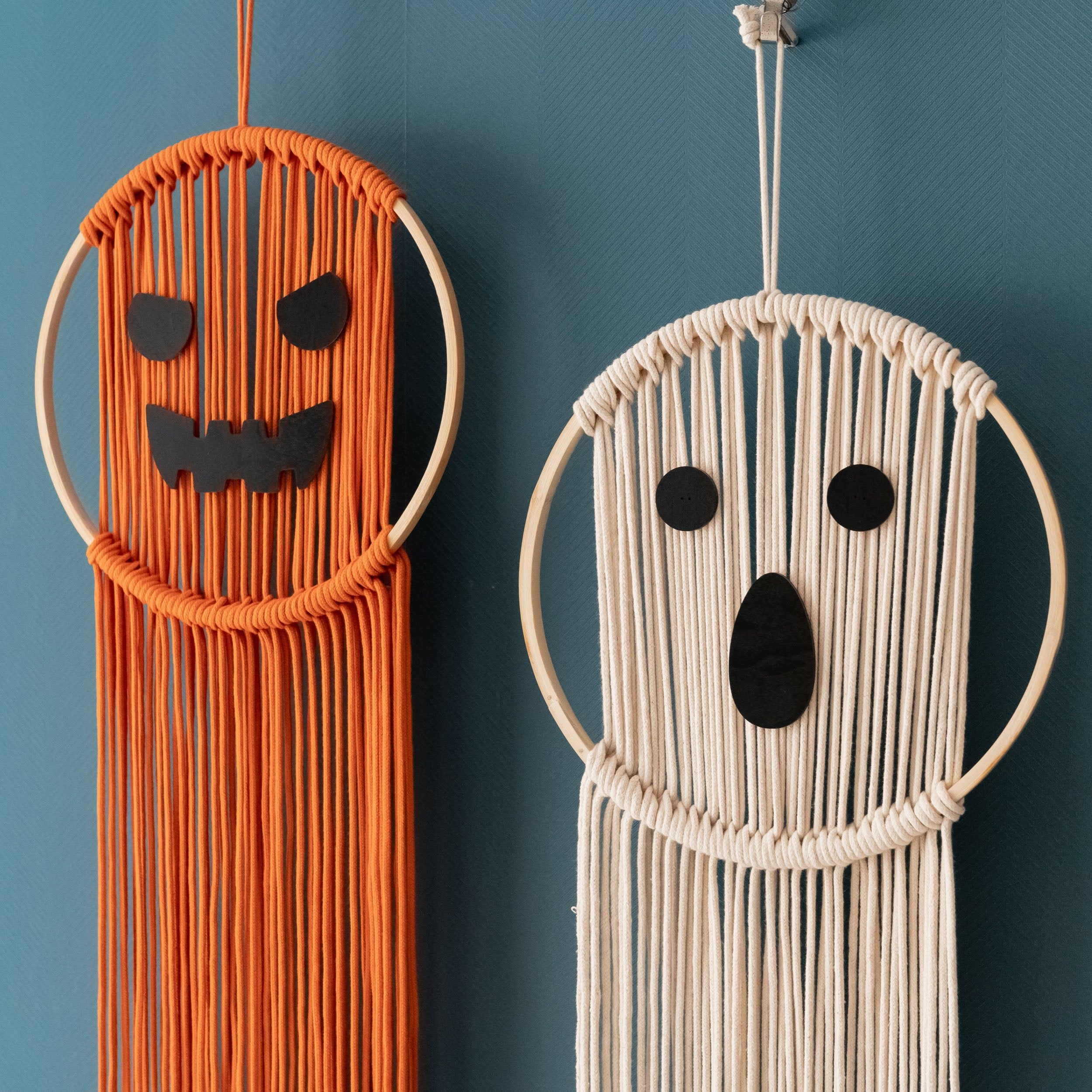 Gothic Macrame Ghost and Pumpkin Wall Art for Halloween Charm