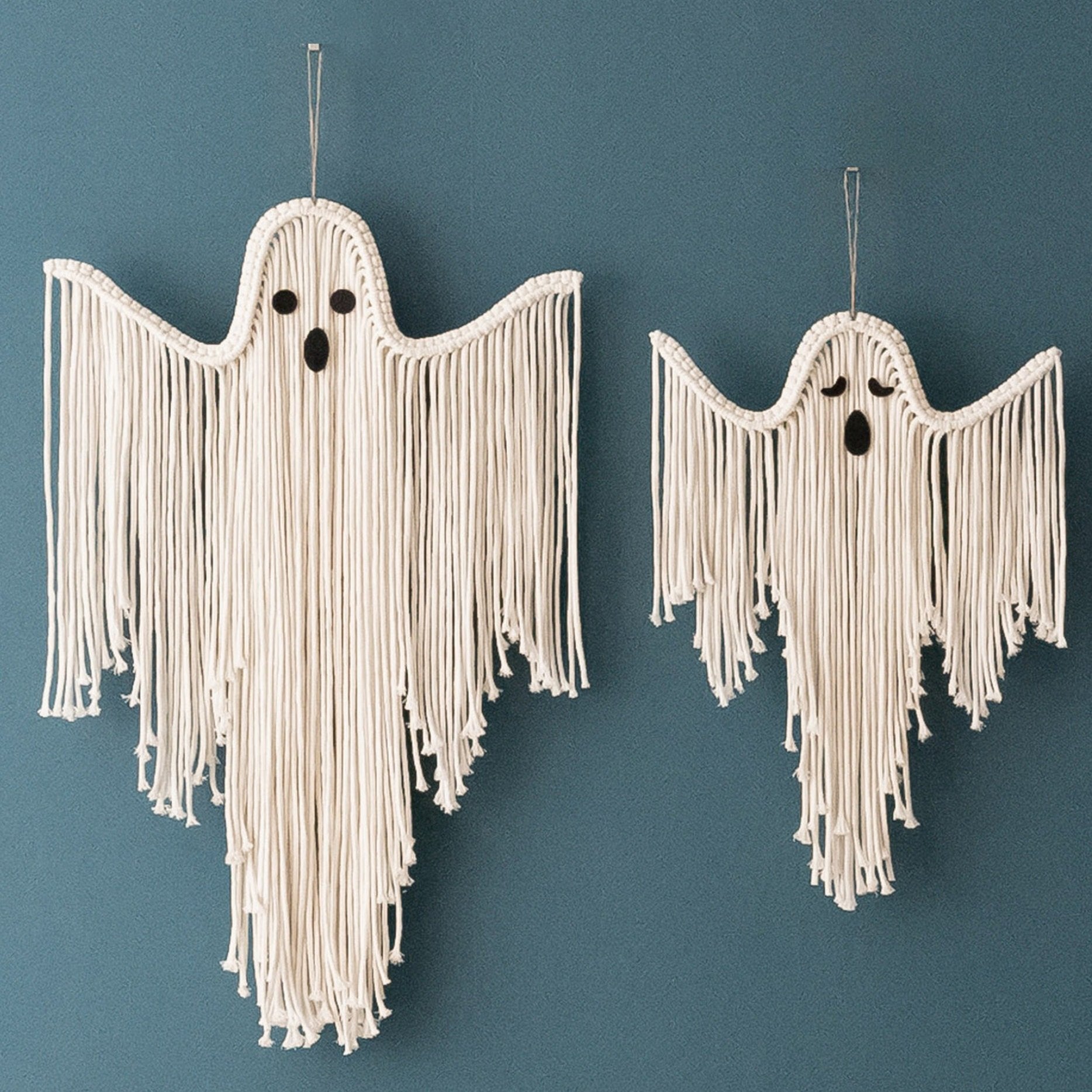 Arte de pared fantasmal de macramé espeluznante para un ambiente bohemio de Halloween