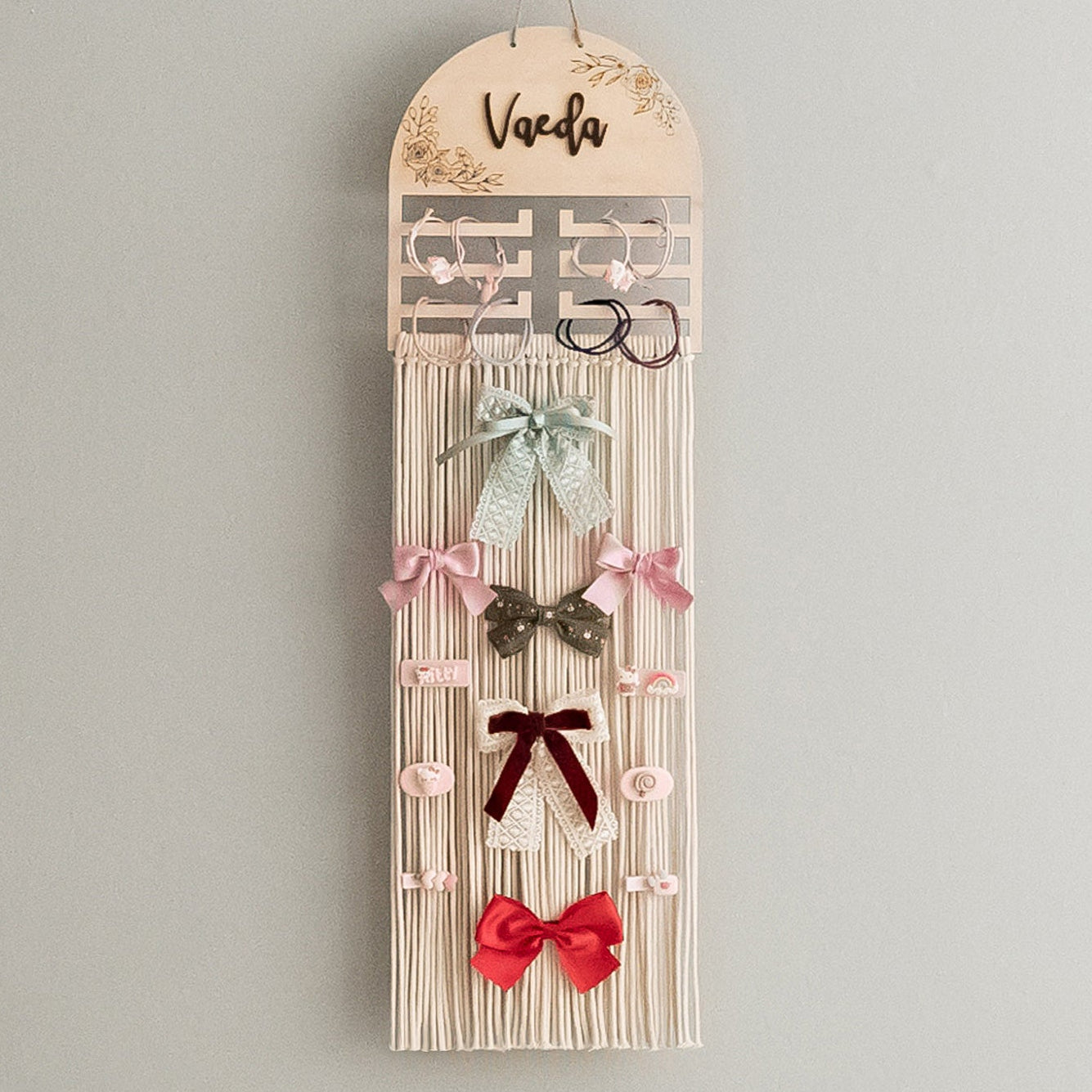 Personalized Macrame Bow Holder - Wooden Wall Organizer for Girls H97