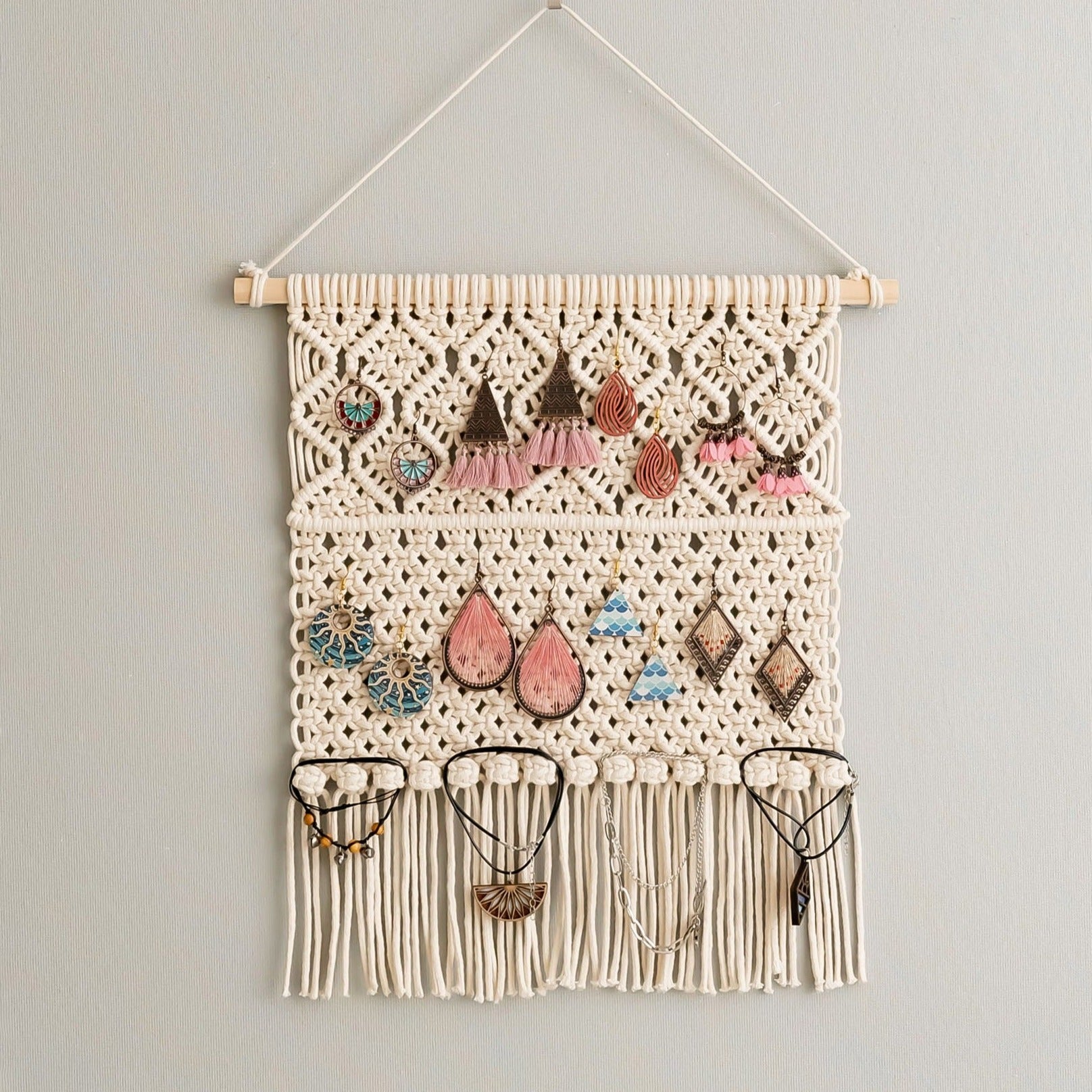 Chic Macrame Jewelry Organizer for Necklace and Earring Storage