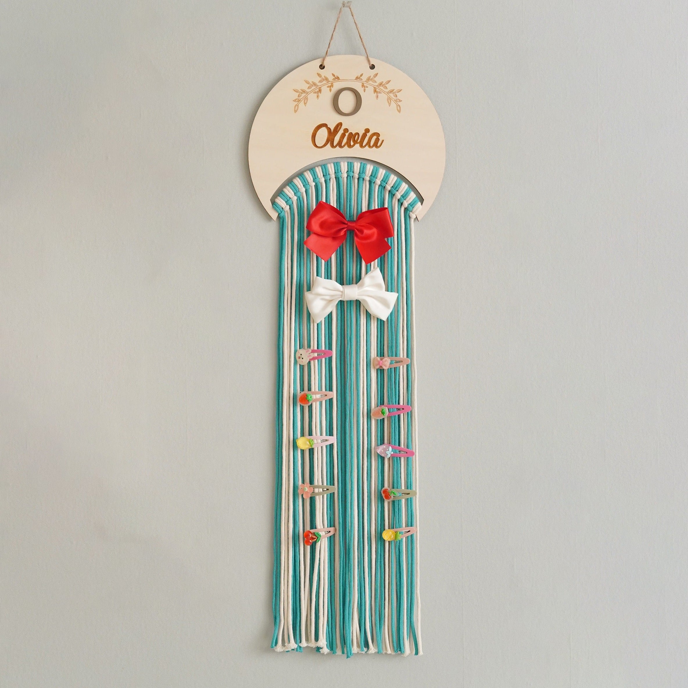 Personalized Macrame Bow Holder wood and Wall Hair Organizer H74